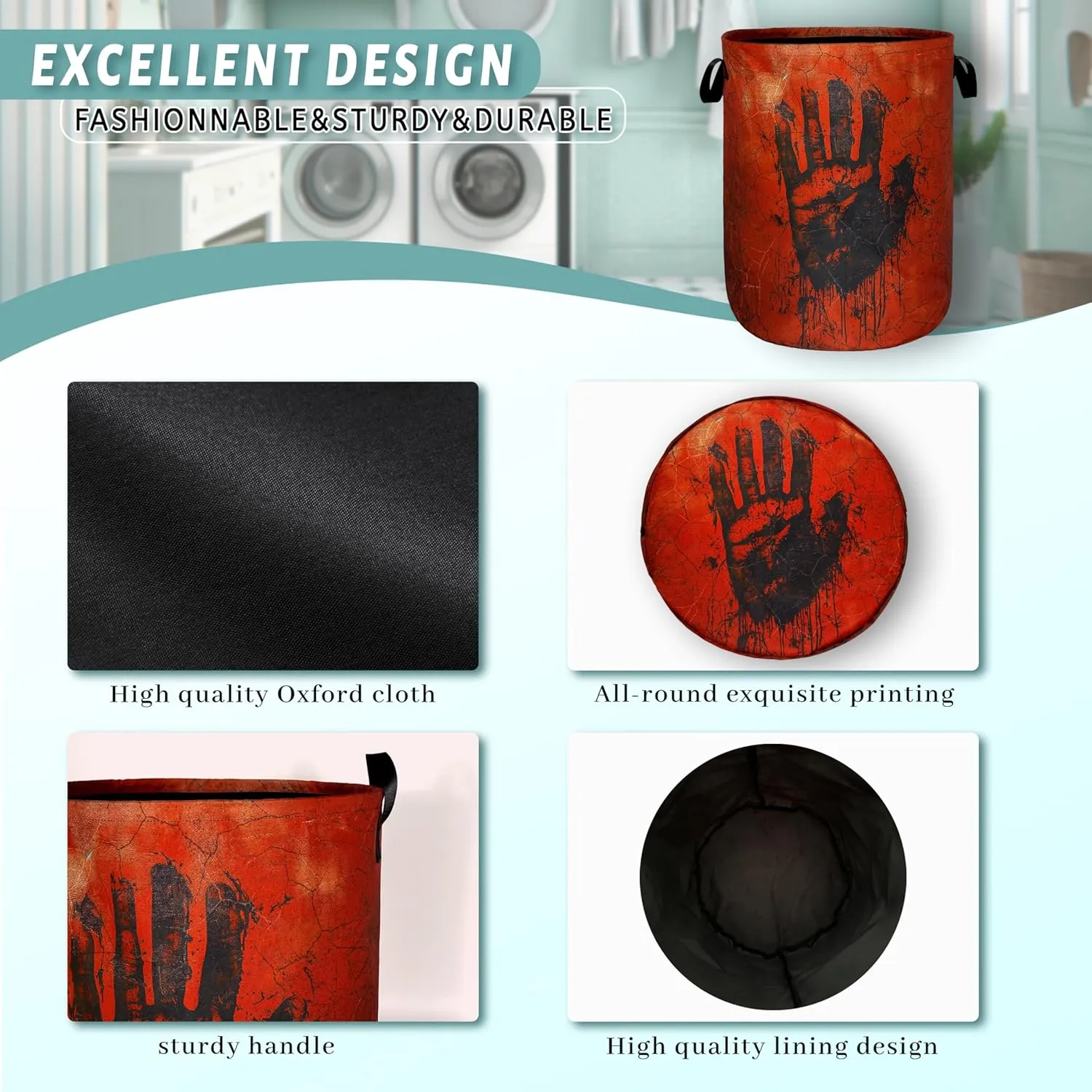 Blood Laundry Basket Foldable Blood Spatter Hand Print Laundry Hamper Oxford Cloth Funny Tote Bag Clothes Toy Storage Bucket For Bathroom/Laundry Storage/Bedroom 18.9 x 16.5 Inch
