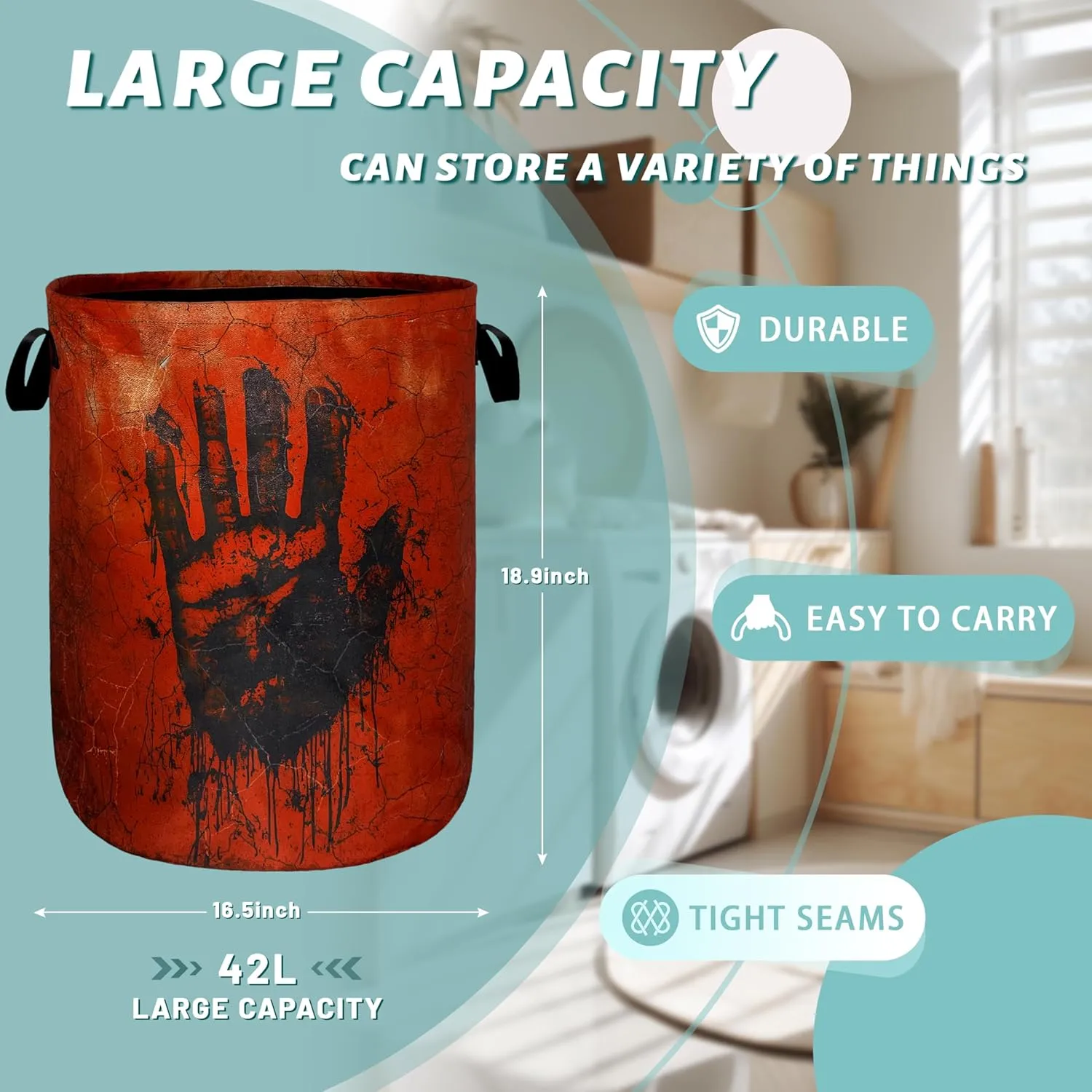 Blood Laundry Basket Foldable Blood Spatter Hand Print Laundry Hamper Oxford Cloth Funny Tote Bag Clothes Toy Storage Bucket For Bathroom/Laundry Storage/Bedroom 18.9 x 16.5 Inch