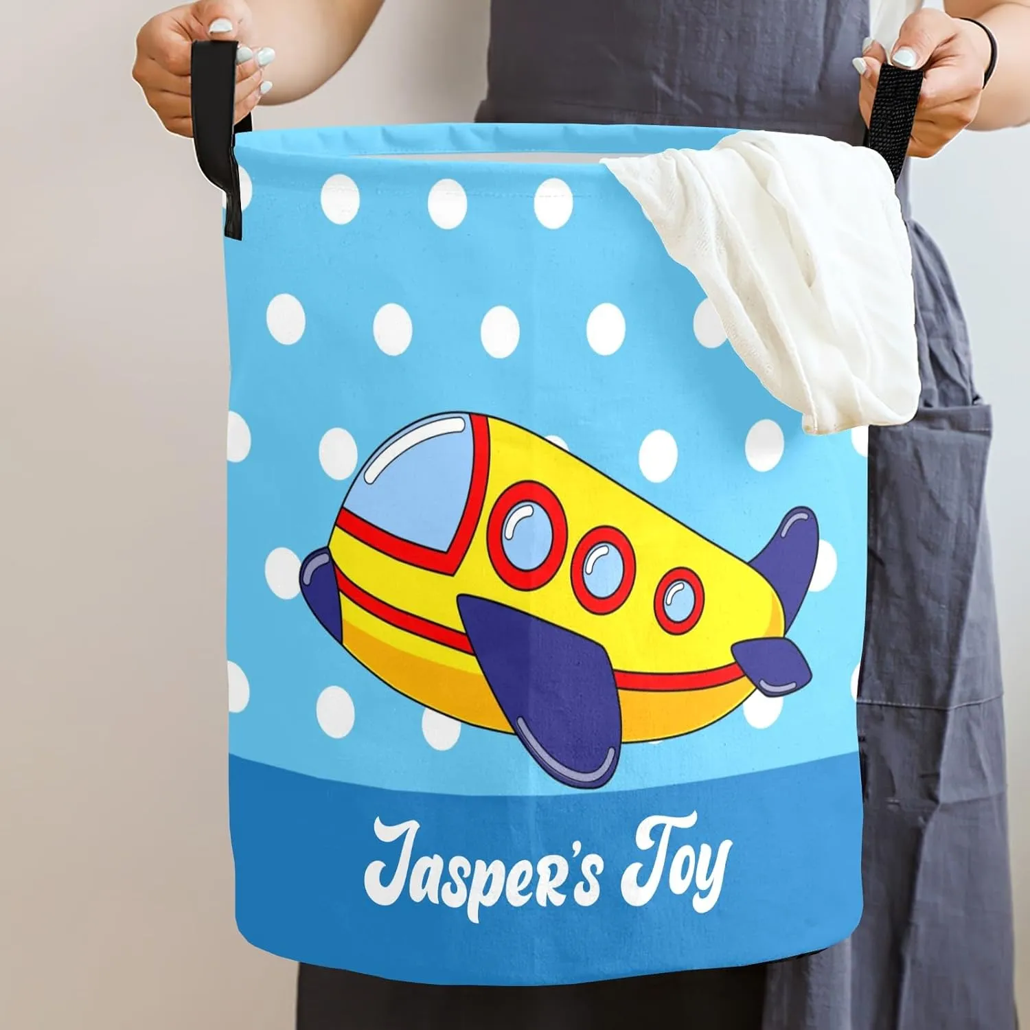 Blue Dots Cartoon Airplane Personalized Laundry Basket Laundry Hamper Clothes Bag Collapsible Tall with Handles,Waterproof,Storage Baskets for Bathroom College Dorm Family Essentials