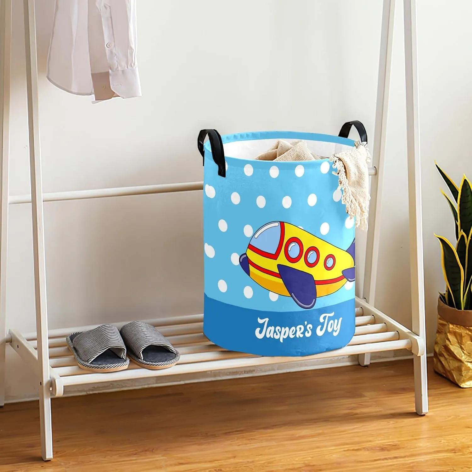 Blue Dots Cartoon Airplane Personalized Laundry Basket Laundry Hamper Clothes Bag Collapsible Tall with Handles,Waterproof,Storage Baskets for Bathroom College Dorm Family Essentials