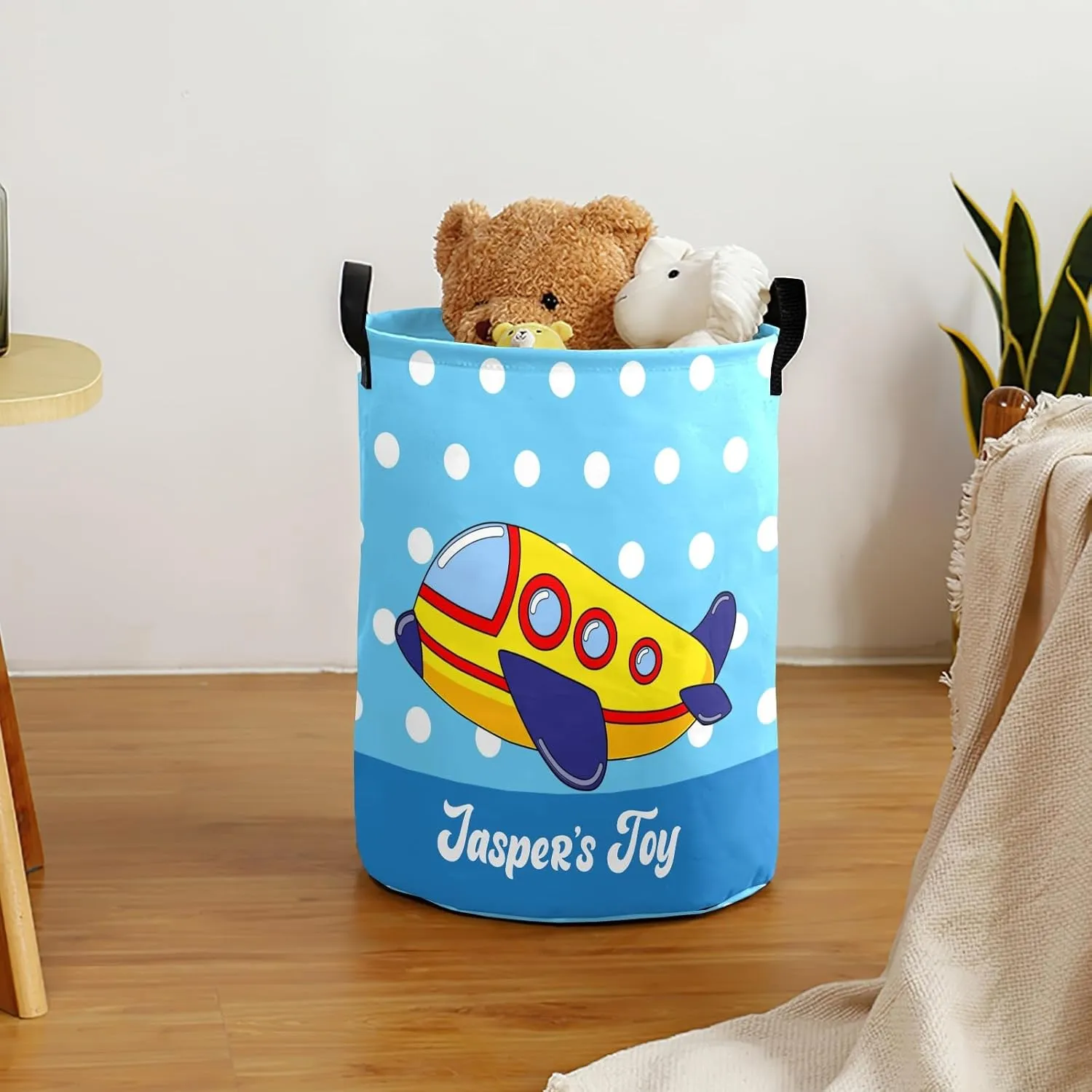 Blue Dots Cartoon Airplane Personalized Laundry Basket Laundry Hamper Clothes Bag Collapsible Tall with Handles,Waterproof,Storage Baskets for Bathroom College Dorm Family Essentials