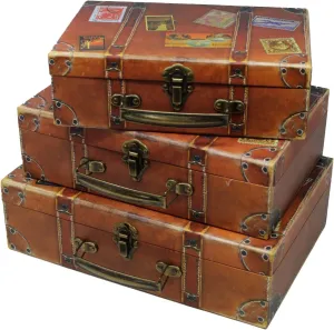 Blue Orchards Decorative Travel-Themed Paperboard Boxes (Set of 3) – Small Suitcase-Style Storage for Keepsakes, Crafts, Mementos, Miniature Prop-Style Luggage