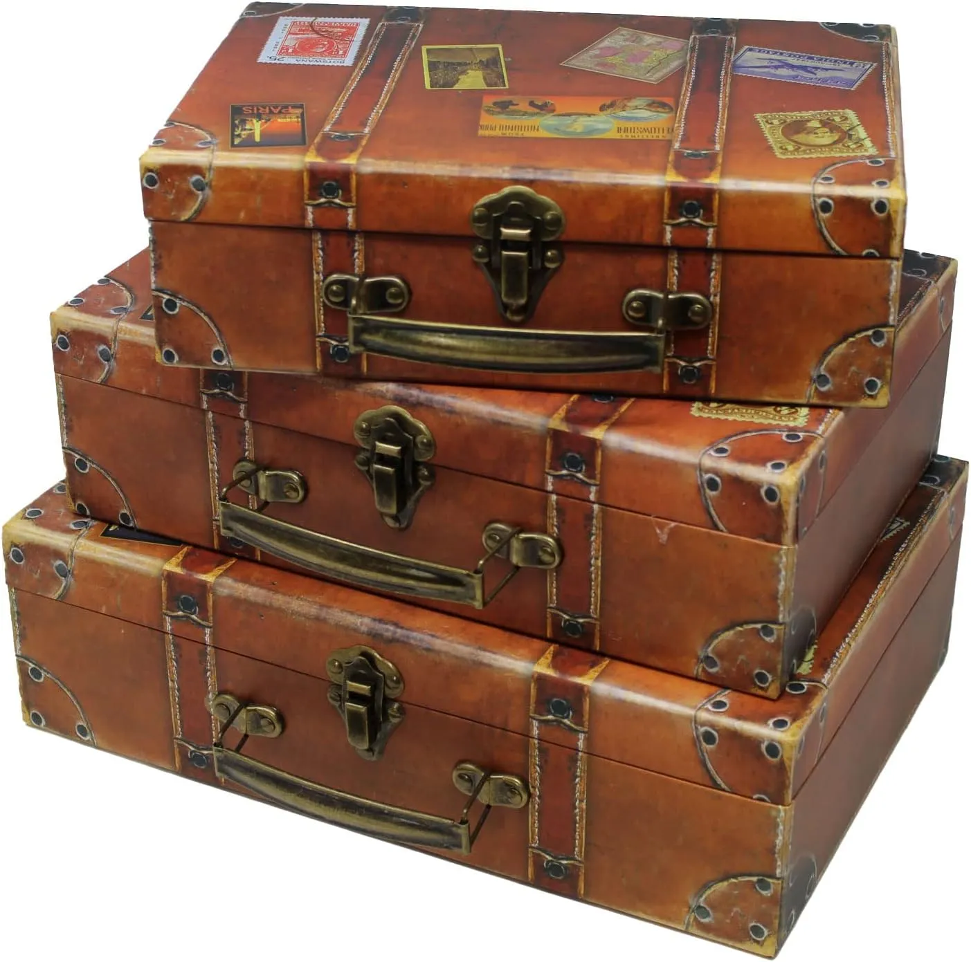 Blue Orchards Decorative Travel-Themed Paperboard Boxes (Set of 3) – Small Suitcase-Style Storage for Keepsakes, Crafts, Mementos, Miniature Prop-Style Luggage