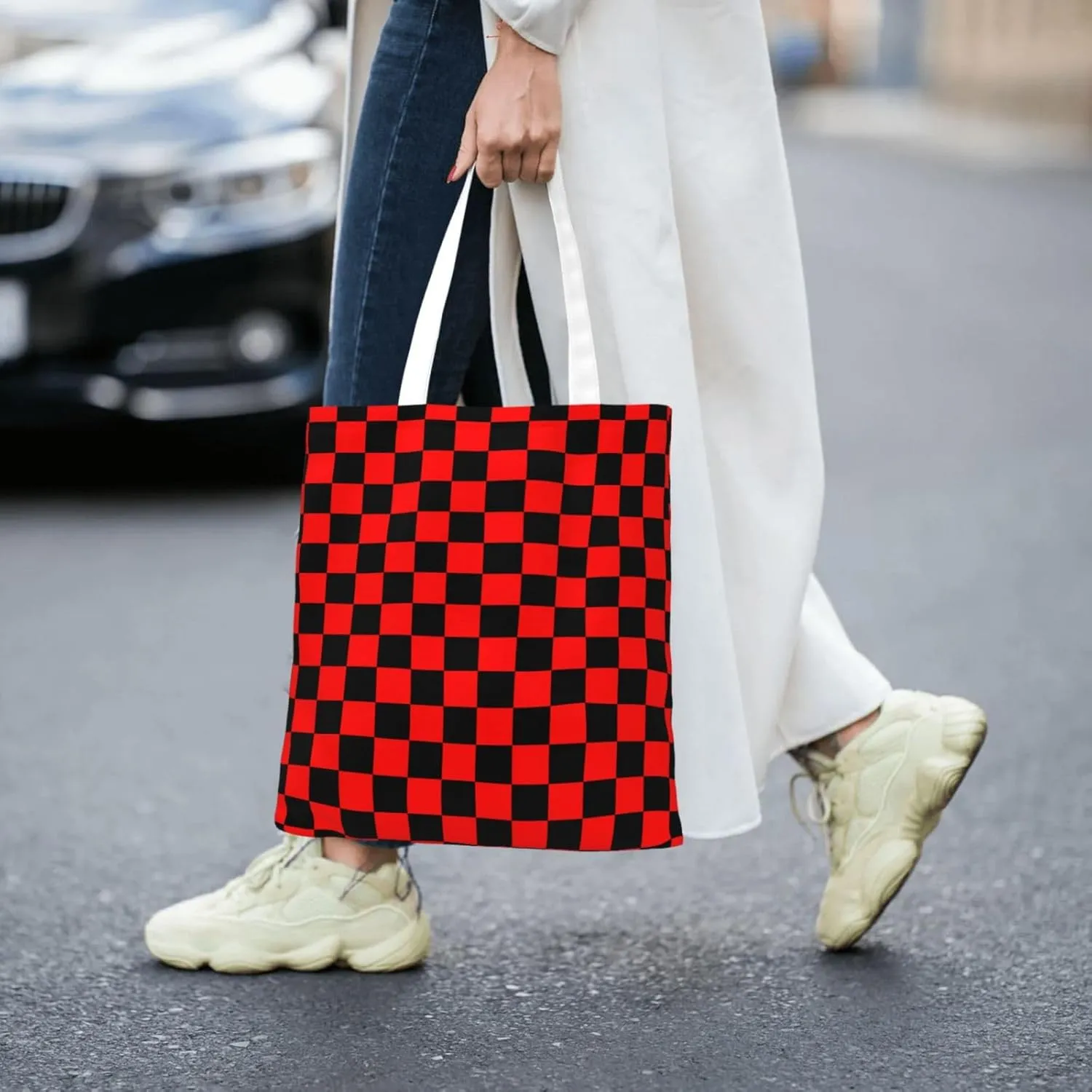 Blue White Checkered Chessboard Flag Tote Bag Reusable Shoulder Tote Bag For Women Lady Vacation, Shopping, Work