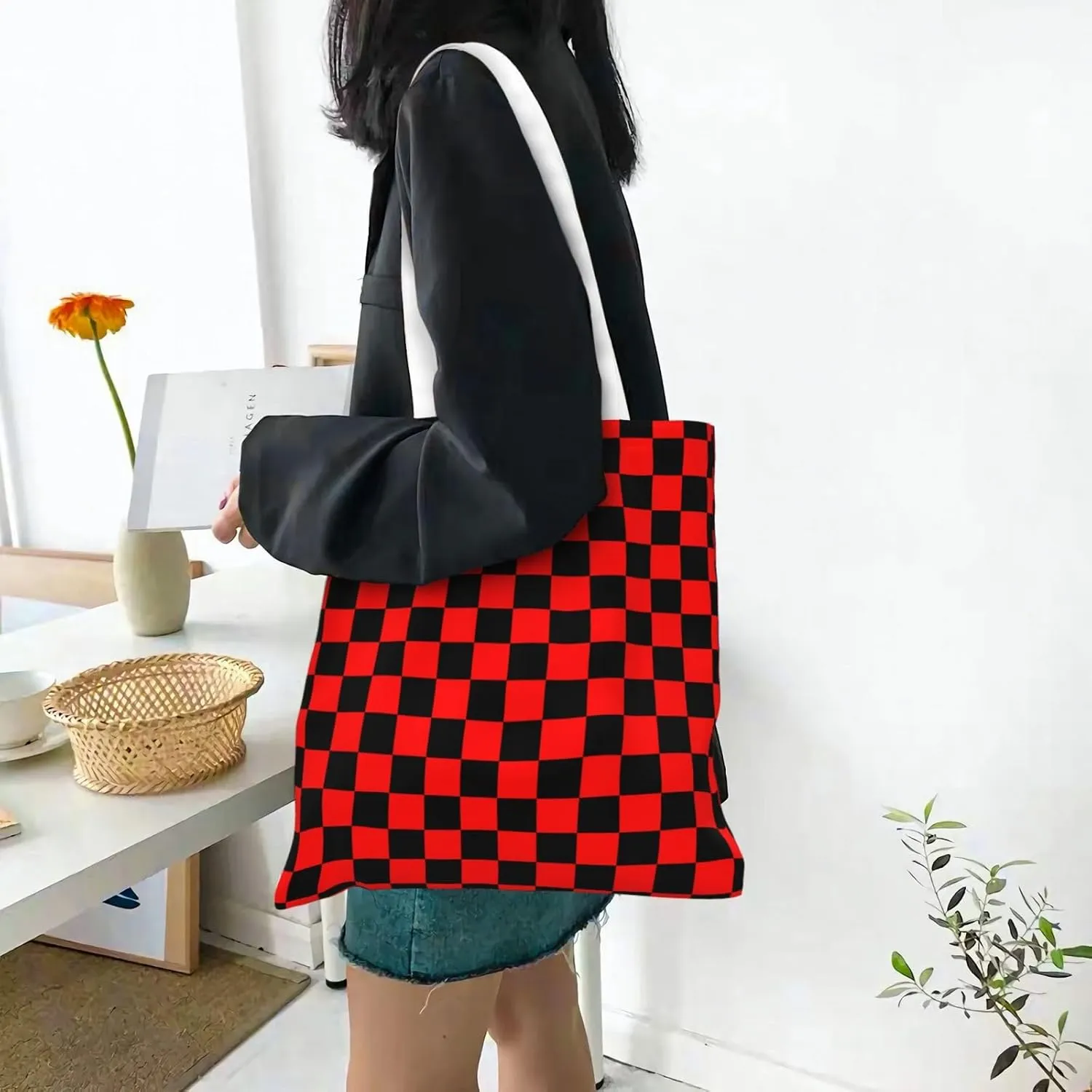 Blue White Checkered Chessboard Flag Tote Bag Reusable Shoulder Tote Bag For Women Lady Vacation, Shopping, Work