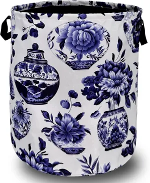 Blue White Floral Laundry Basket Foldable With Handles Vase Flower Tote Bag Oxford Cloth Color Laundry Hamper Clothes Storage Bucket Toy Organizer For Bathroom/Laundry/Bedroom 18.9"x16.5 "