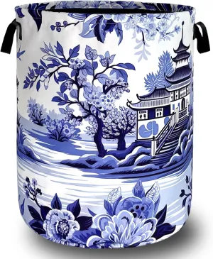 Blue White Porcelain Laundry Basket Chinoiserie Funny Laundry Hamper Foldable Oxford Cloth Colorful Tote Bag Clothes Toy Storage Bucket 18.9"x16.5" For Bathroom/Laundry Storage/Bedroom