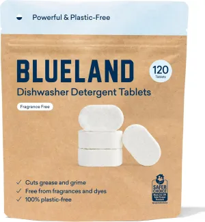 BLUELAND Dishwasher Detergent Tablets, 120 Count, Unscented 100% Plastic-Free Eco Friendly Dishwashing Pods, Natural, Sustainable