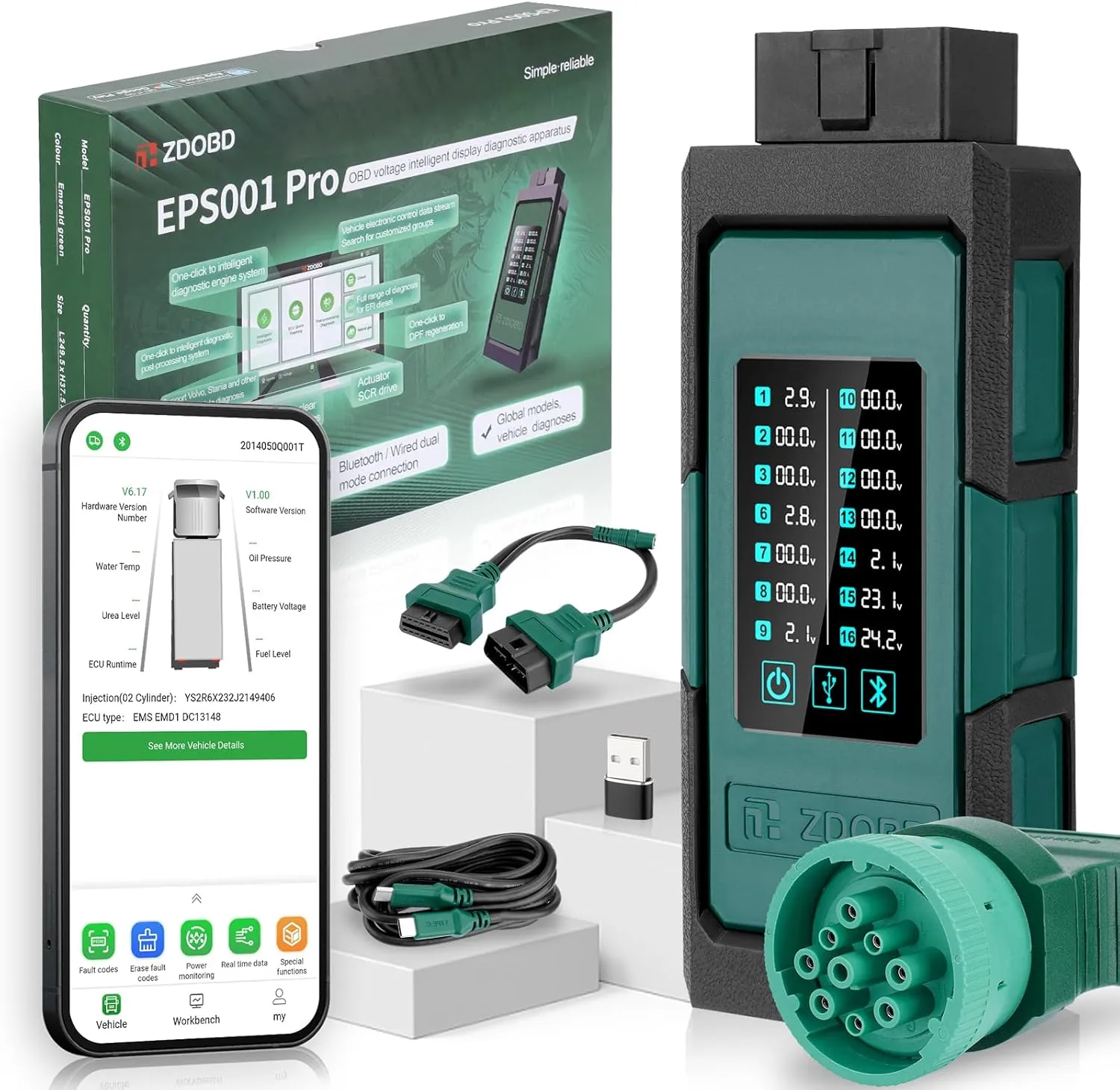 Bluetooth Diesel Truck Scanner, All System Diesel Heavy Duty HDOBD OBD2 Diagnostic Scan Tool Compatible with Volvo Freightliner Peterbilt Cummins Detroit Paccar Engine, DPF Regen (EPS001PRO)