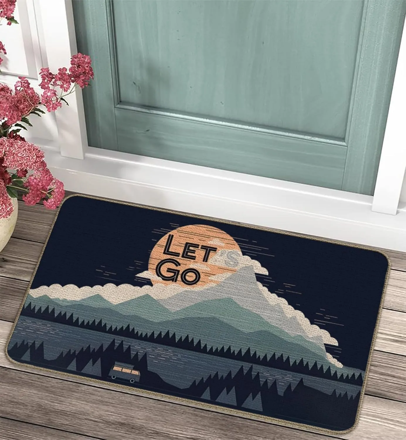 Bohemian Sun Sunset Sunrise Landscape Forest Mountain Doormat Door Camping Door Mat, Let's Go on an Adventure Camping Door Mat, Camper Gifts, RV Gift17x30 Inches