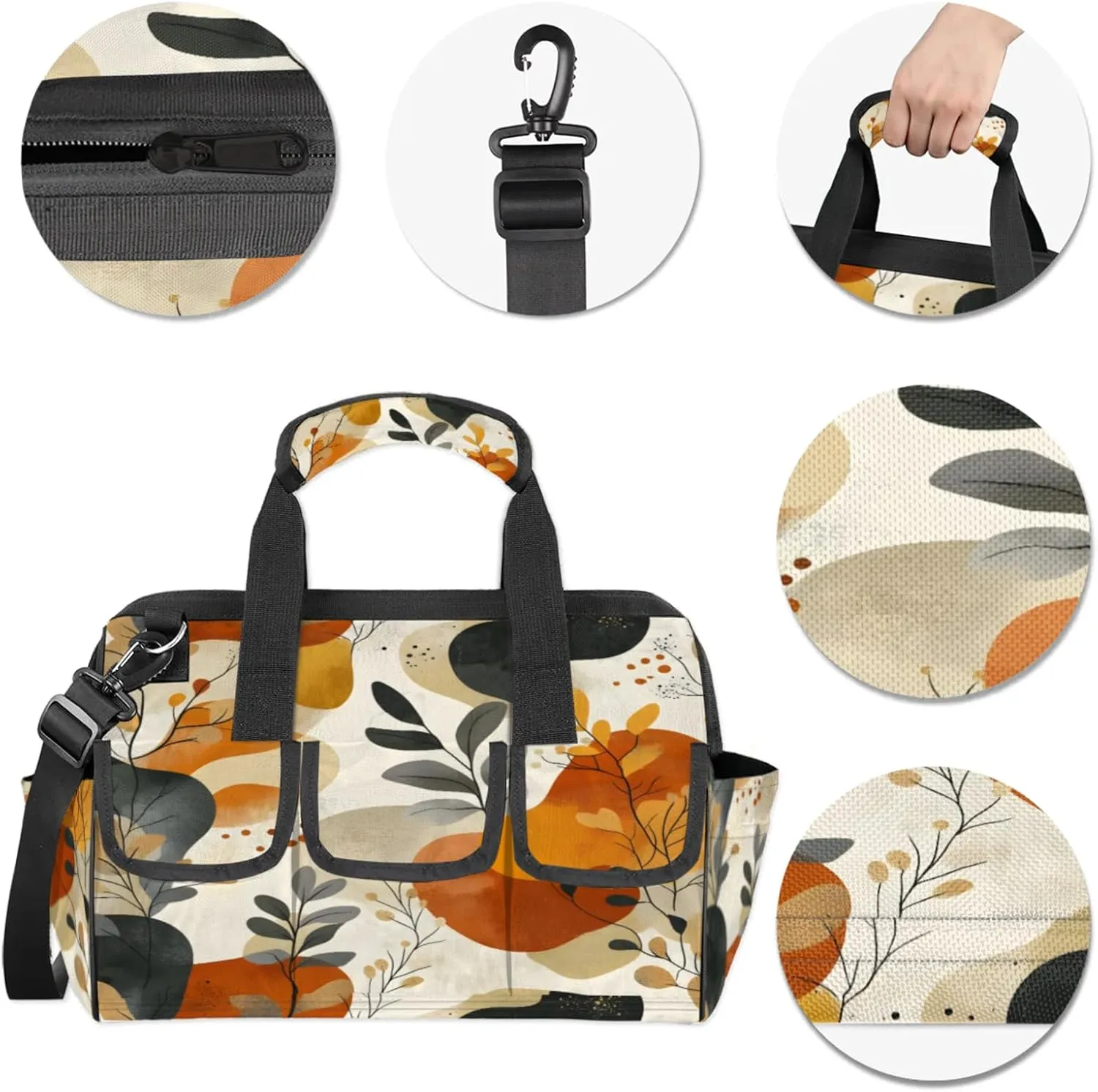 Boho Leaf Floral Tool Bags for Men and Women Modern Botanical Leaves Heavy Duty Tool Tote Organizer Bag for Electrician Carpenter Mechanic, Adjustable Shoulder Strap