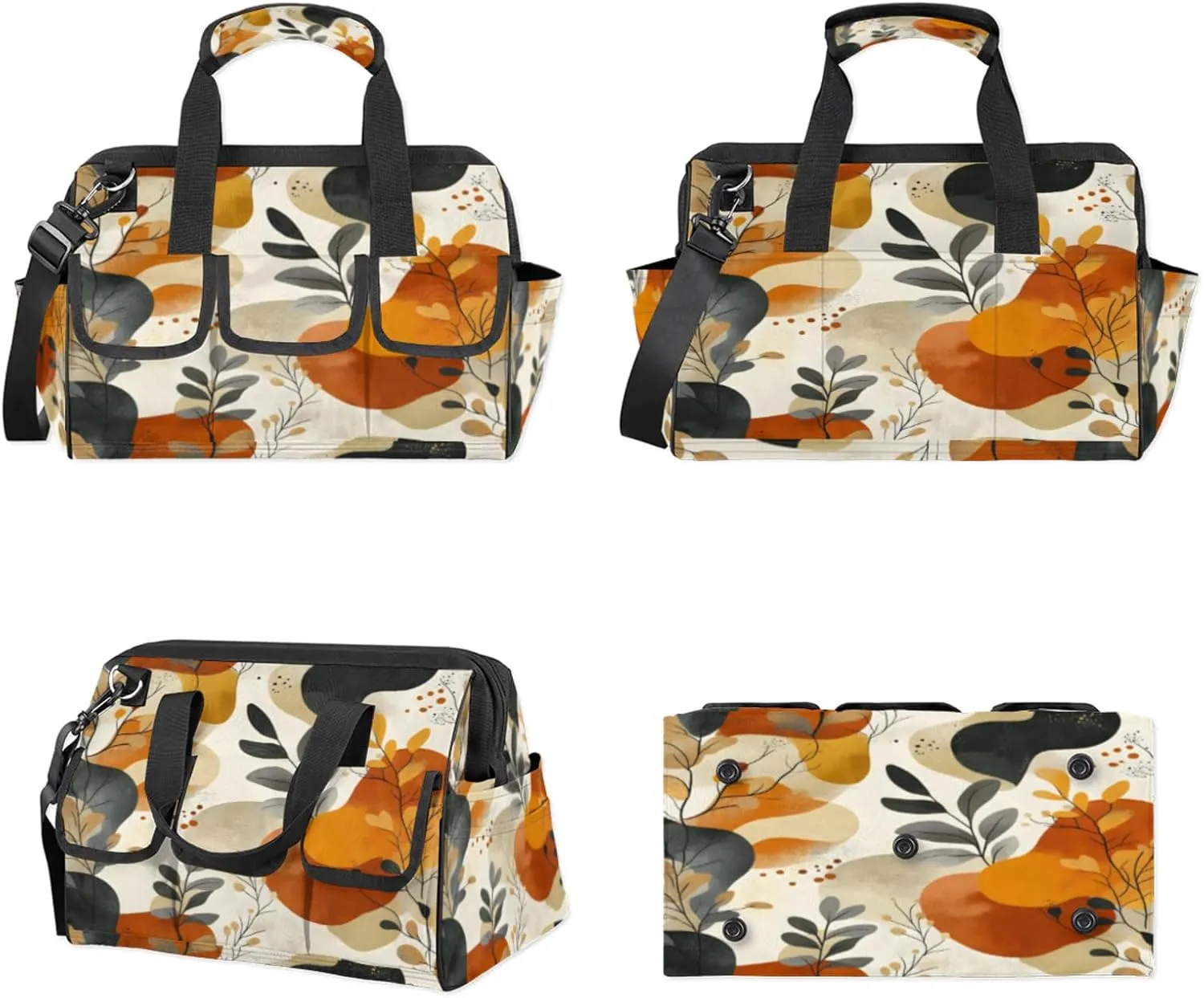 Boho Leaf Floral Tool Bags for Men and Women Modern Botanical Leaves Heavy Duty Tool Tote Organizer Bag for Electrician Carpenter Mechanic, Adjustable Shoulder Strap