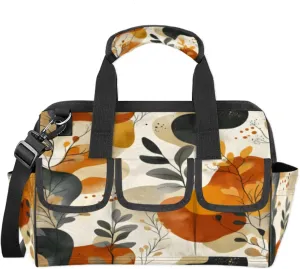 Boho Leaf Floral Tool Bags for Men and Women Modern Botanical Leaves Heavy Duty Tool Tote Organizer Bag for Electrician Carpenter Mechanic, Adjustable Shoulder Strap