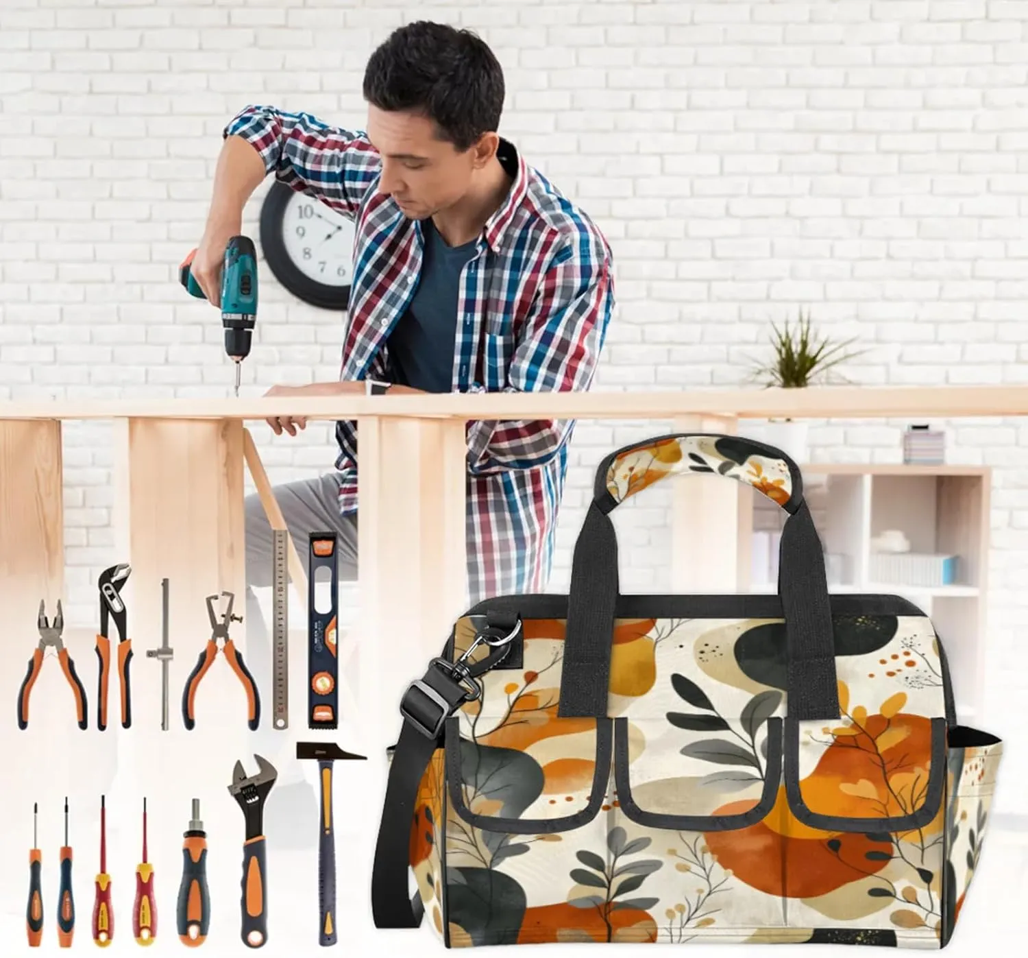 Boho Leaf Floral Tool Bags for Men and Women Modern Botanical Leaves Heavy Duty Tool Tote Organizer Bag for Electrician Carpenter Mechanic, Adjustable Shoulder Strap