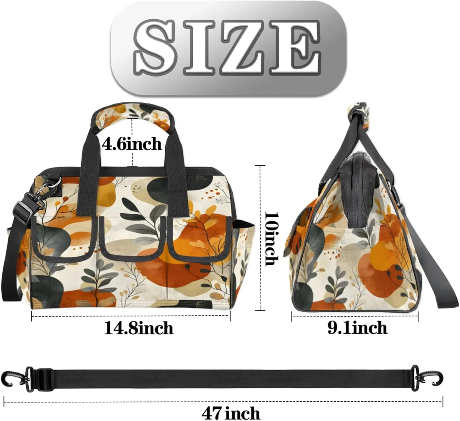 Boho Leaf Floral Tool Bags for Men and Women Modern Botanical Leaves Heavy Duty Tool Tote Organizer Bag for Electrician Carpenter Mechanic, Adjustable Shoulder Strap