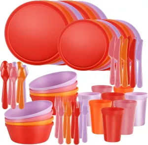 Boho Plastic Dinnerware Sets – 40-Piece Sunset Style Plates and Bowls Sets for 8, Reusable Unbreakable Dishes with Cups, Forks, Knives and Spoons, for Camping, Picnic or Everyday Use
