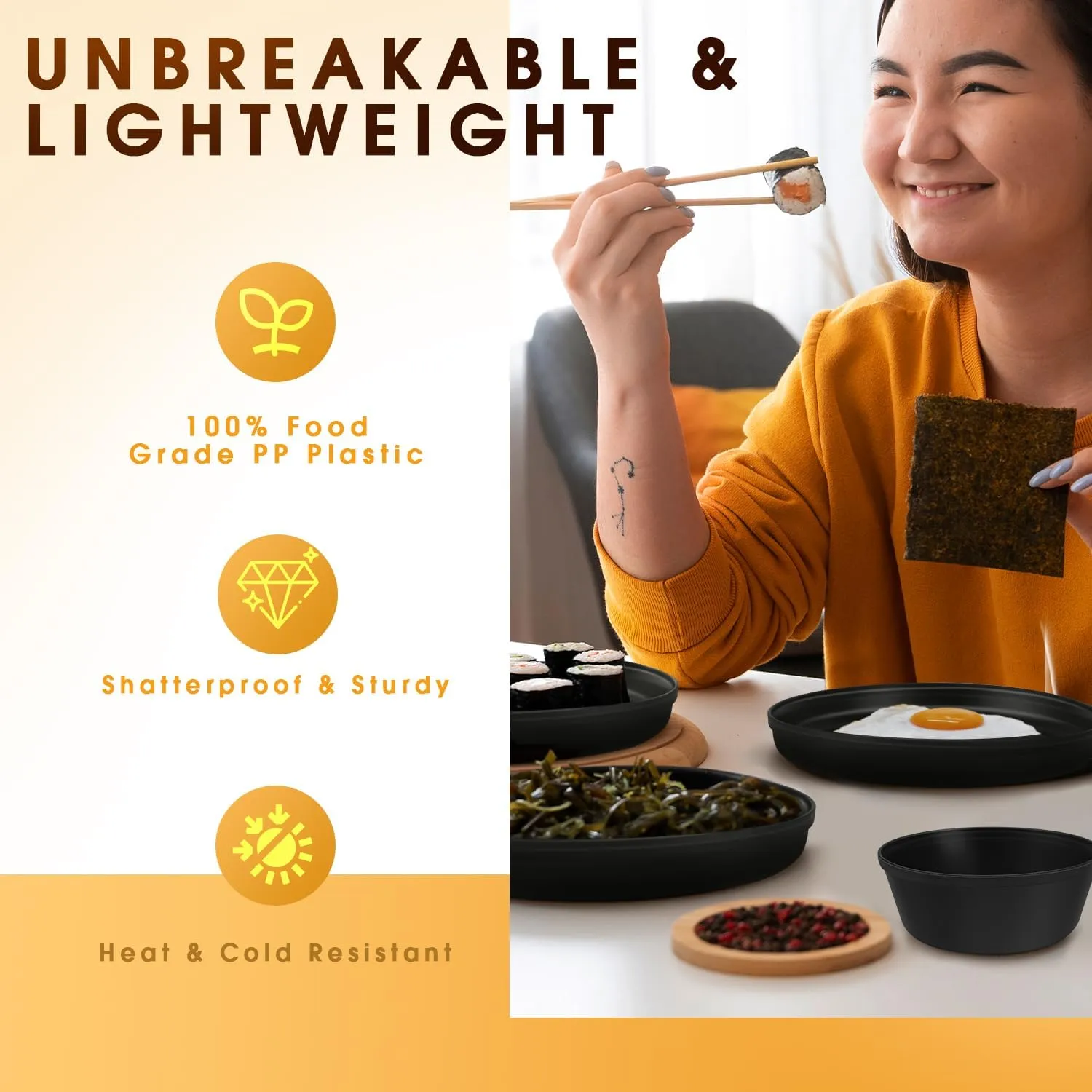 Boho Plastic Dinnerware Sets – 40-Piece Sunset Style Plates and Bowls Sets for 8, Reusable Unbreakable Dishes with Cups, Forks, Knives and Spoons, for Camping, Picnic or Everyday Use