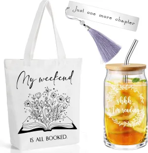 Book Lovers Gifts Set Include 16oz Drinking Glass with Bamboo Lid and Straw for Library Reusable Tote Bag Stainless Steel Bookmark graduation Gift for Teacher Reader Friends Coworkers