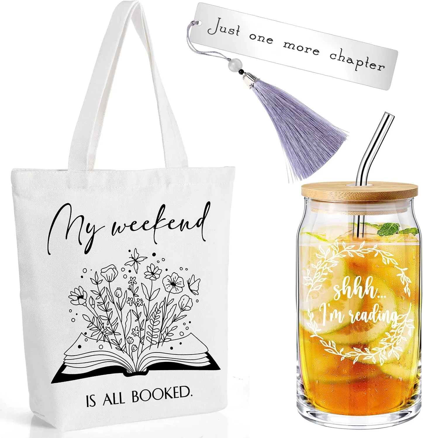 Book Lovers Gifts Set Include 16oz Drinking Glass with Bamboo Lid and Straw for Library Reusable Tote Bag Stainless Steel Bookmark graduation Gift for Teacher Reader Friends Coworkers