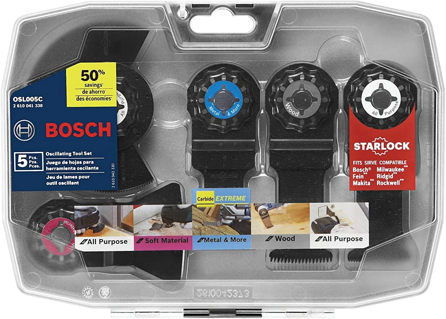 BOSCH OSL005C 5-Piece Starlock Oscillating Multi Tool Assorted Set Blades for Mixed Applications in Metal, Wood and Other General Purpose Materials with Included Case