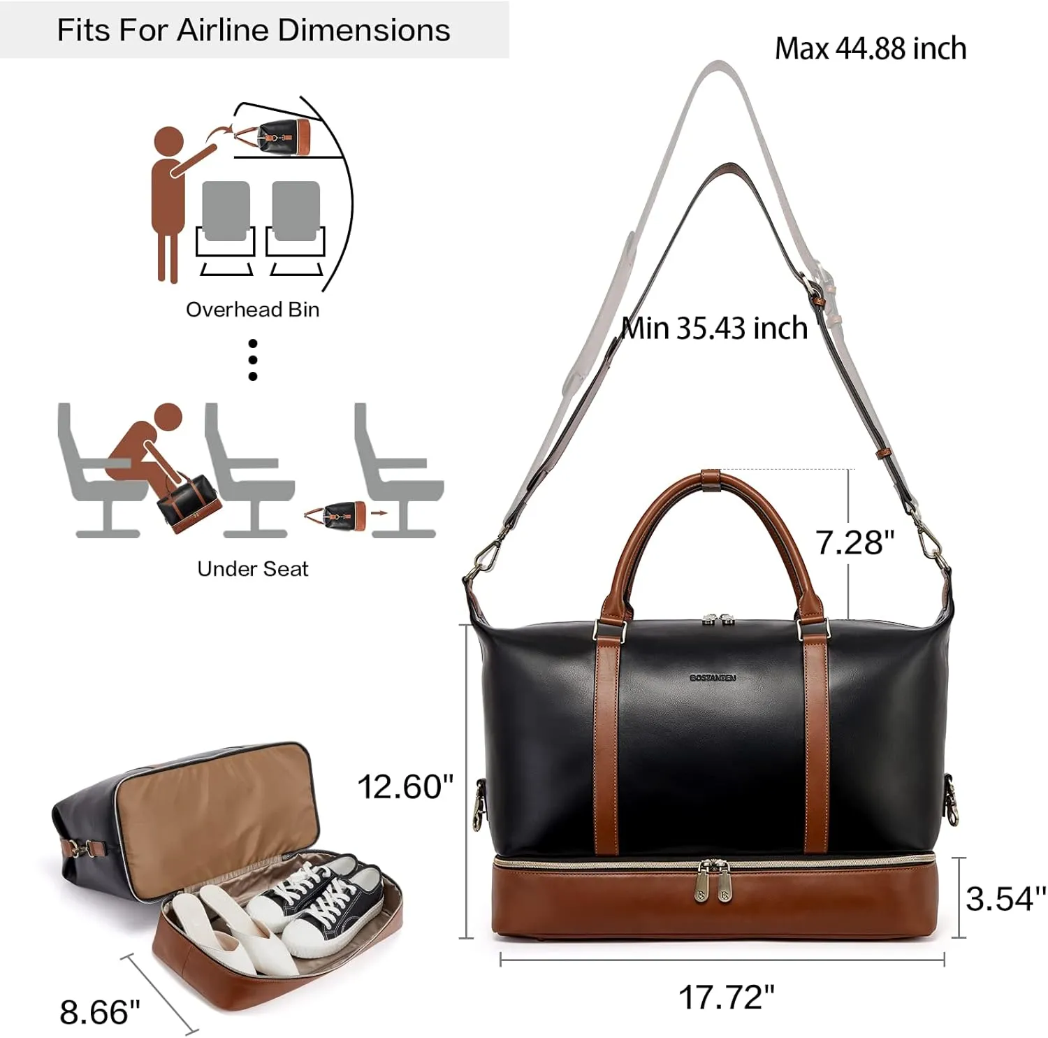 BOSTANTEN Weekender Bags for Women Leather Travel Duffle Bag Carry On Overnight Duffel with Shoe Compartment