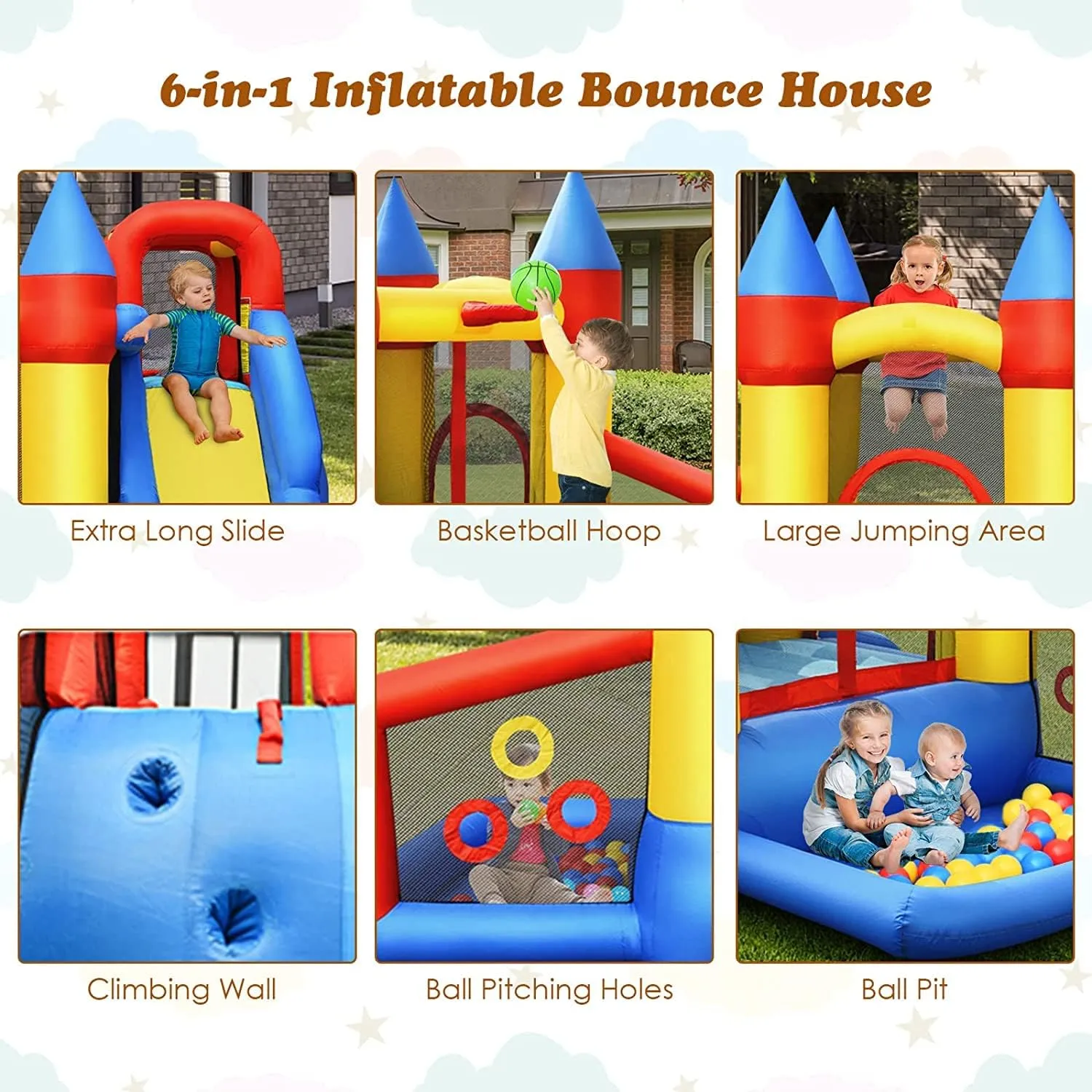 BOUNTECH Inflatable Bounce House, Bouncy House for Kids 5-12 Indoor Outdoor Party Family Fun with 780W Blower, 50PCS Balls, Portable Toddler Bouncy Castle for Yard, Park, Backyard Birthday Party Gifts