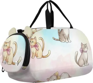 Bow Cat Watercolor Duffle Bag for Girl, Sports Duffle Gym Bags with Shoe Compartment, Personalized Overnight Bag Travel Weekender for Kids