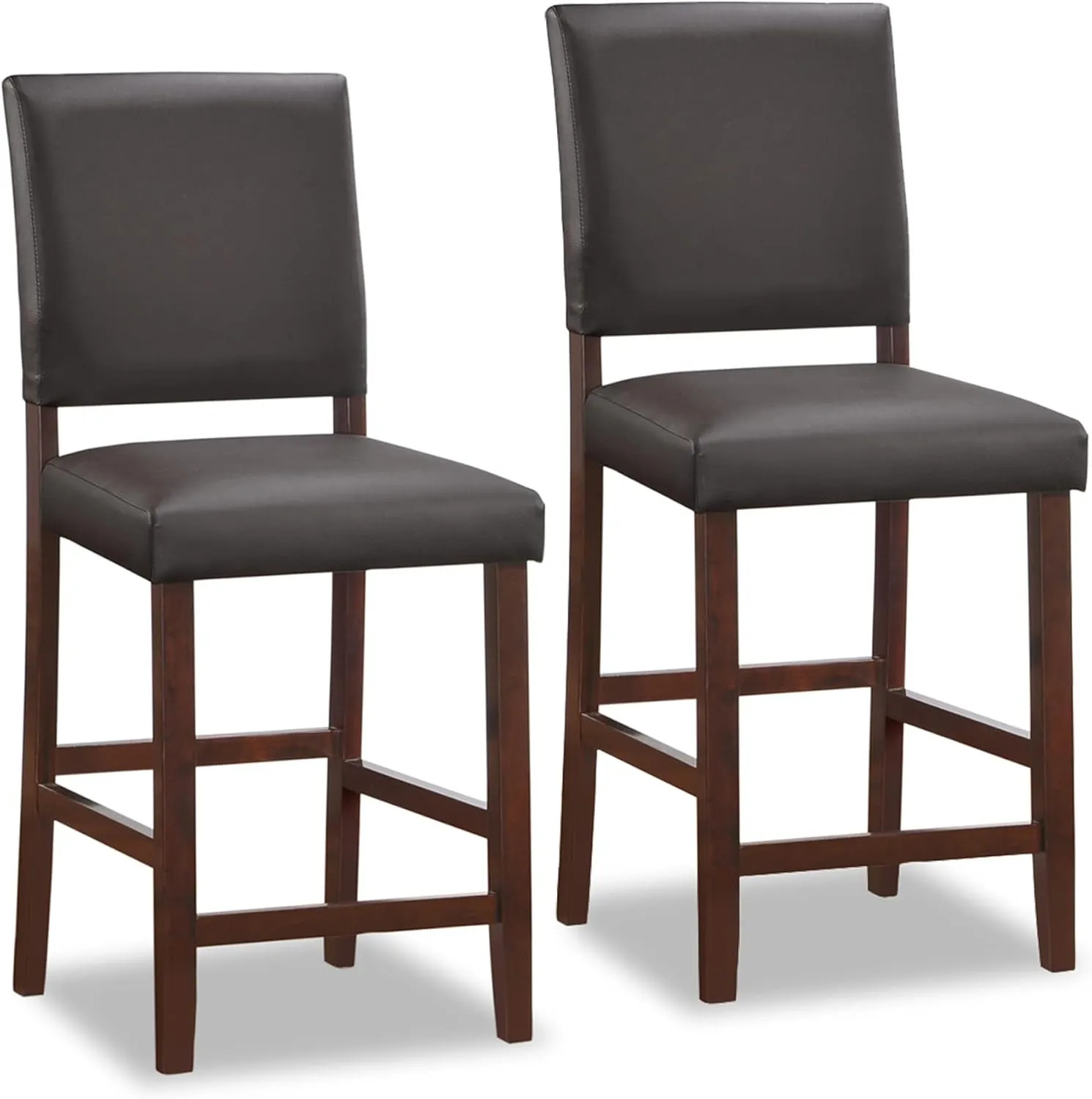 Brax Upholstered Back Counter Height Stools Set of 2, Ebony Faux Leather Seat, Brown Solid Wood Base, Comfortable Modern Bar Stools for Kitchen Counters and Islands – Leick Home, 10086CP/EB