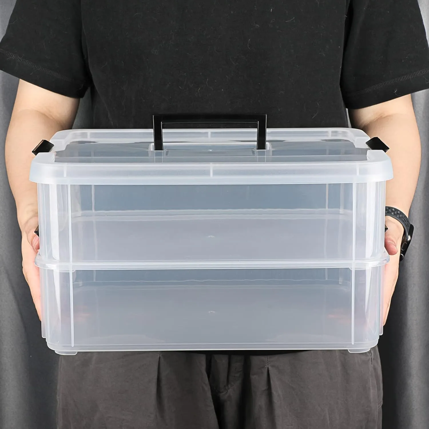 BTSKY 2 Layer Stack & Carry Box, Plastic Multipurpose Portable Storage Container Box Handled Organizer Storage Box for Organizing Stationery, Sewing, Art Craft, Jewelry and Beauty Supplies Black