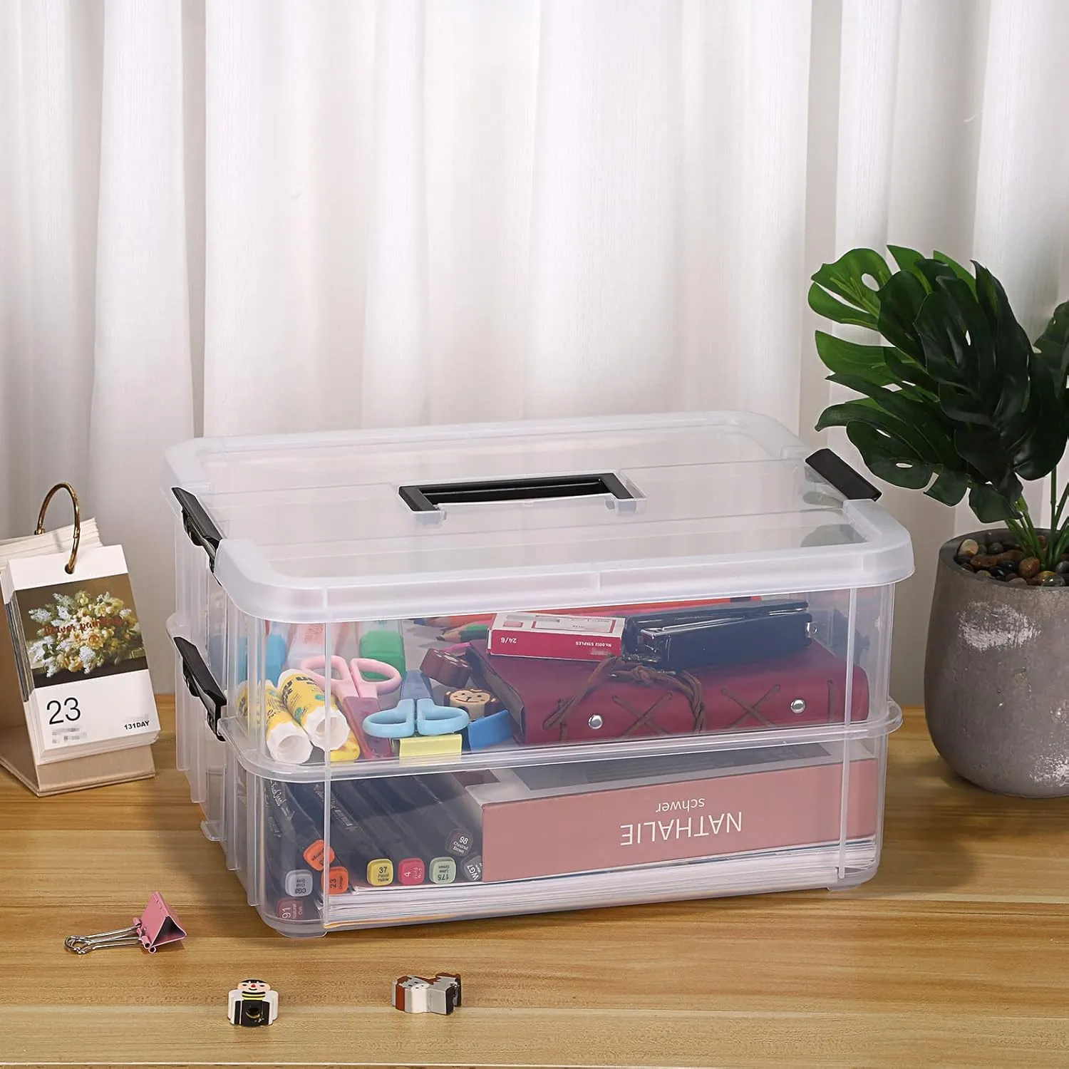 BTSKY 2 Layer Stack & Carry Box, Plastic Multipurpose Portable Storage Container Box Handled Organizer Storage Box for Organizing Stationery, Sewing, Art Craft, Jewelry and Beauty Supplies Black