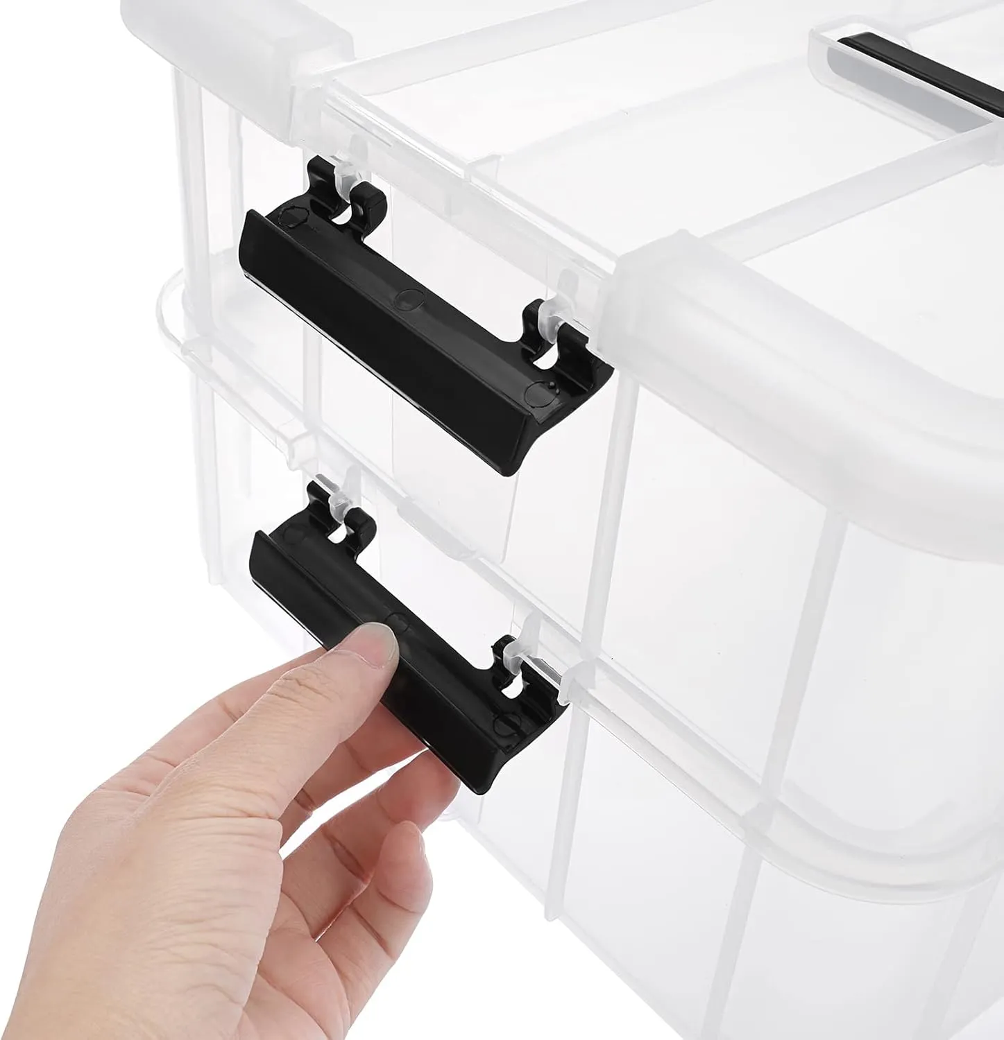 BTSKY 2 Layer Stack & Carry Box, Plastic Multipurpose Portable Storage Container Box Handled Organizer Storage Box for Organizing Stationery, Sewing, Art Craft, Jewelry and Beauty Supplies Black
