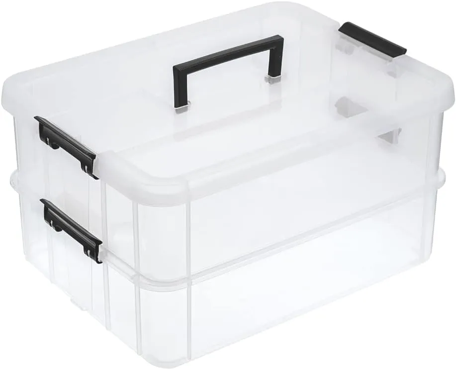 BTSKY 2 Layer Stack & Carry Box, Plastic Multipurpose Portable Storage Container Box Handled Organizer Storage Box for Organizing Stationery, Sewing, Art Craft, Jewelry and Beauty Supplies Black