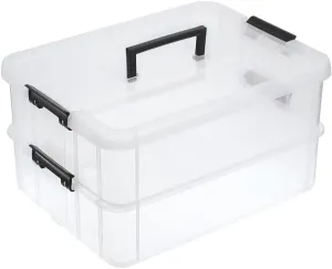 BTSKY 2 Layer Stack & Carry Box, Plastic Multipurpose Portable Storage Container Box Handled Organizer Storage Box for Organizing Stationery, Sewing, Art Craft, Jewelry and Beauty Supplies Black