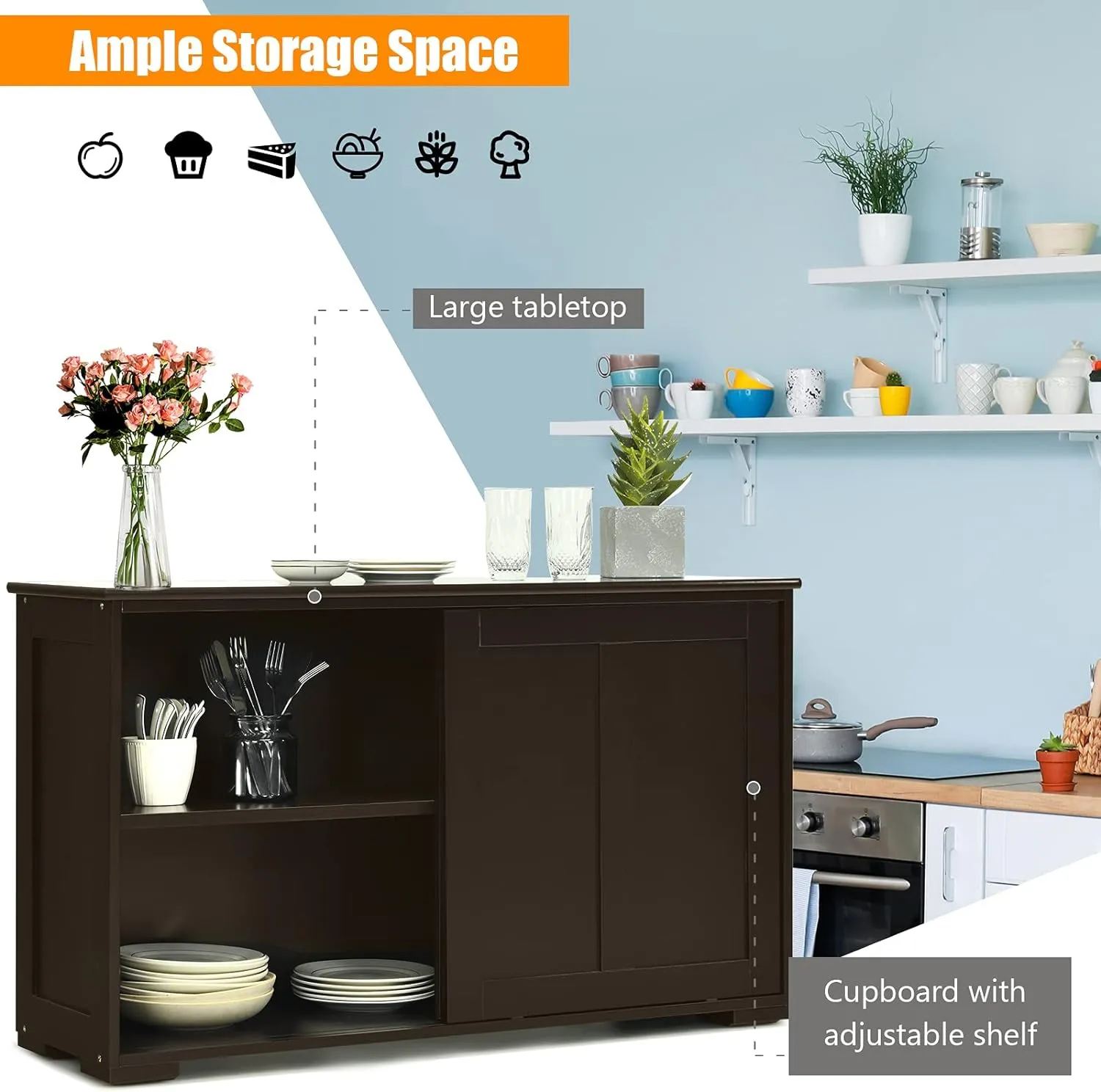 Buffet Cabinet Sideboard, Wood Storage Credenza Cupboard with Adjustable Shelf & 2 Sliding Doors, Stackable Coffee Bar Cabinet Console Table for Dining Room, Living Room, Kitchen (1, Coffee)