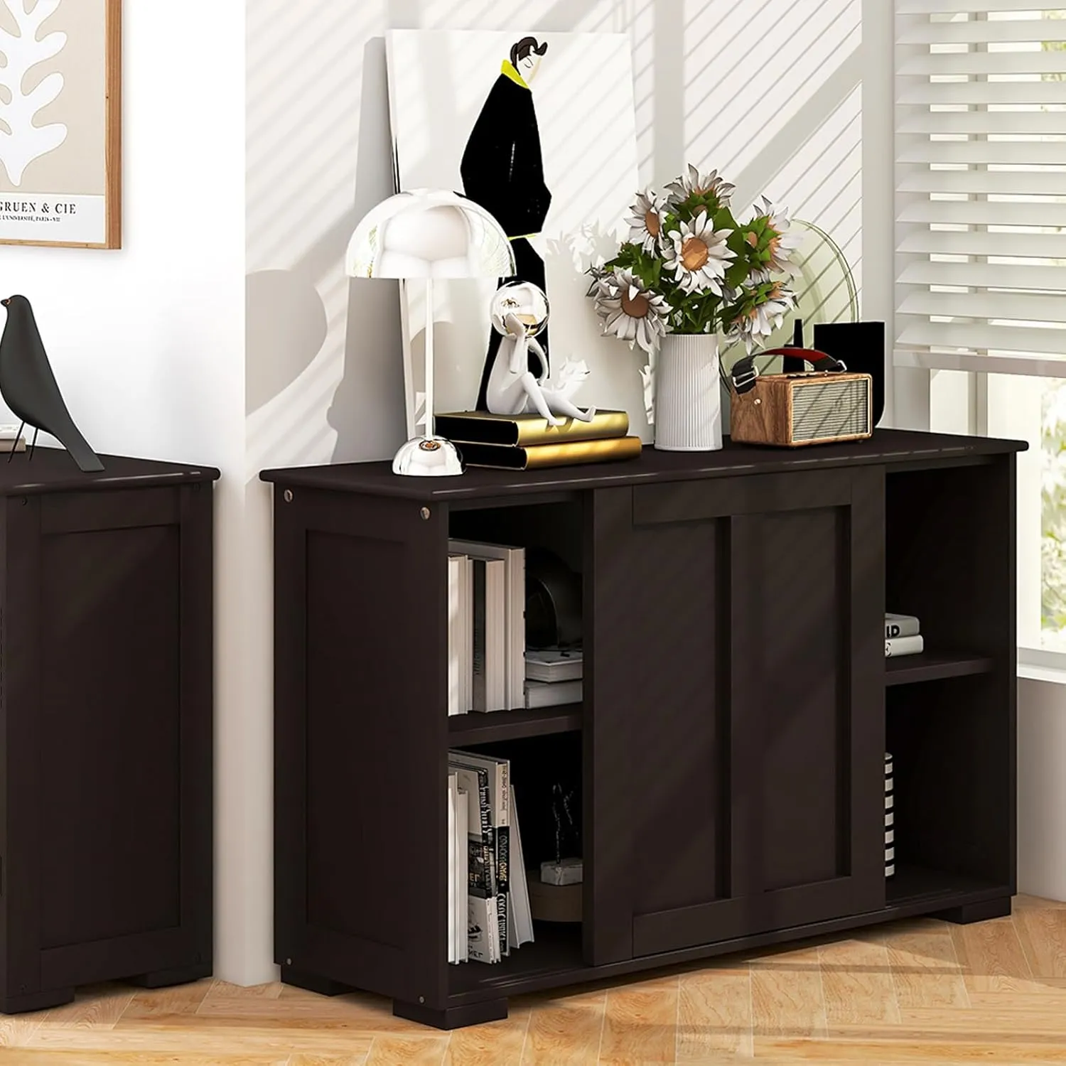 Buffet Cabinet Sideboard, Wood Storage Credenza Cupboard with Adjustable Shelf & 2 Sliding Doors, Stackable Coffee Bar Cabinet Console Table for Dining Room, Living Room, Kitchen (1, Coffee)