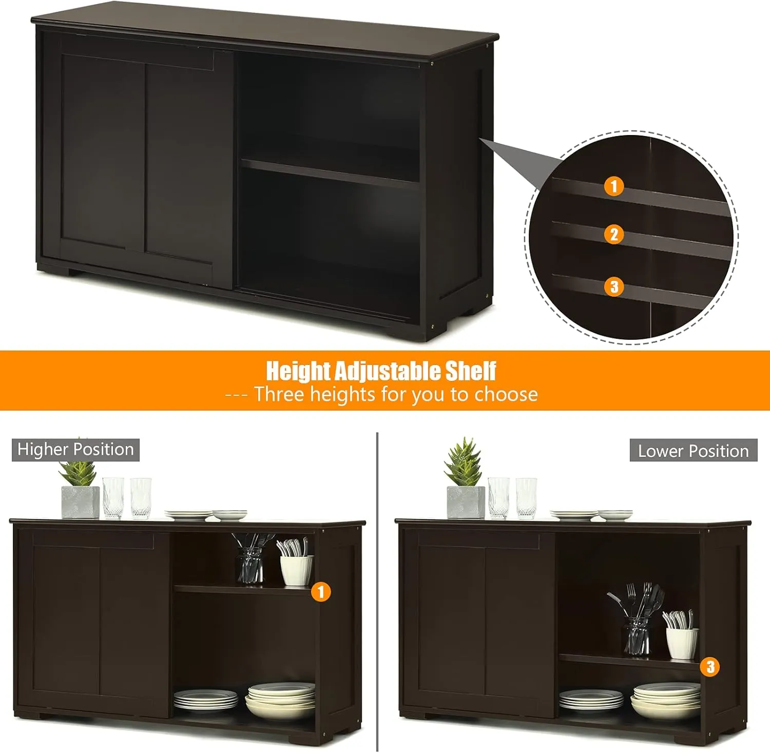 Buffet Cabinet Sideboard, Wood Storage Credenza Cupboard with Adjustable Shelf & 2 Sliding Doors, Stackable Coffee Bar Cabinet Console Table for Dining Room, Living Room, Kitchen (1, Coffee)