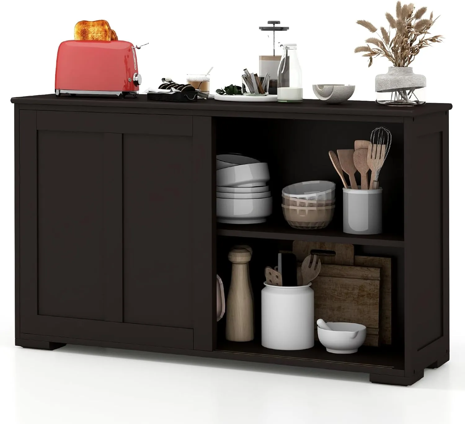 Buffet Cabinet Sideboard, Wood Storage Credenza Cupboard with Adjustable Shelf & 2 Sliding Doors, Stackable Coffee Bar Cabinet Console Table for Dining Room, Living Room, Kitchen (1, Coffee)