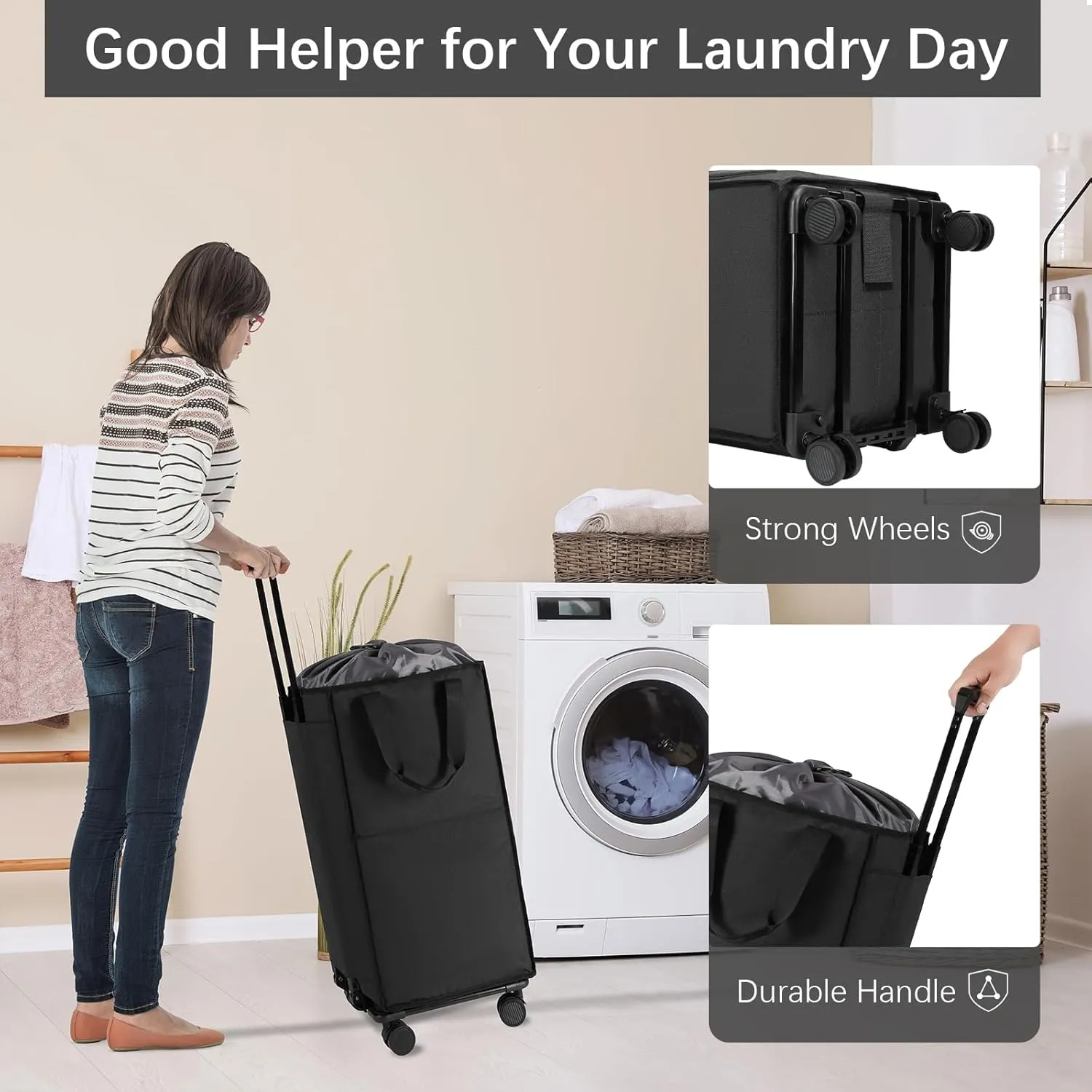 Bukere Extra Large Rolling Laundry Basket with Wheels, 90L Freestanding Collapsible Laundry Hamper Bag for Clothes Storage, Removable Wheeled Cart for College Dorm Apartment Laundry Room Bathroom