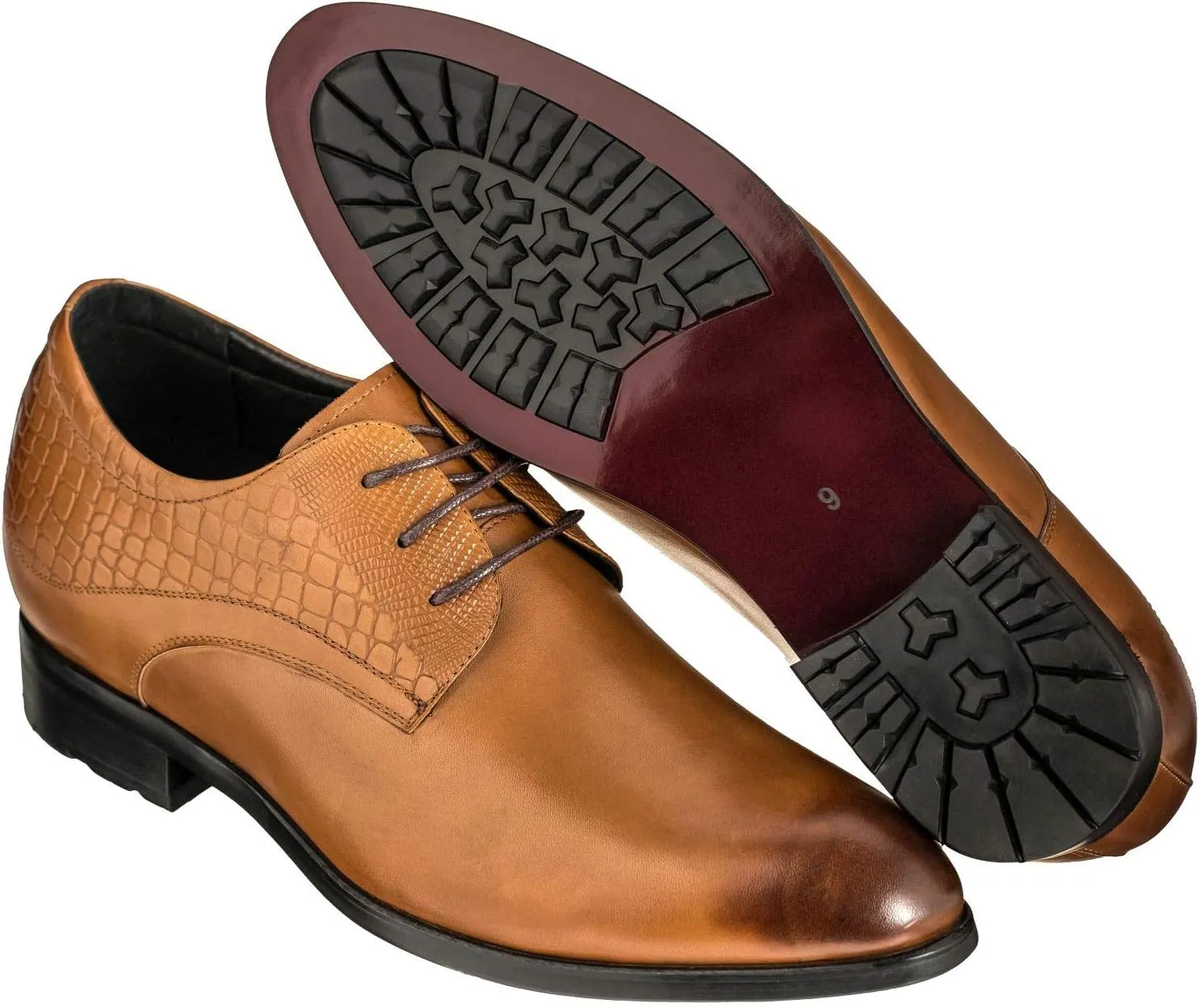 CALTO Height Increasing Elevator Shoes 3 Inches Taller - Light Tan Leather Dress Shoes - Men Invisible Elevated High Heels Oxfords A329013 - Size 6 D(M) US
