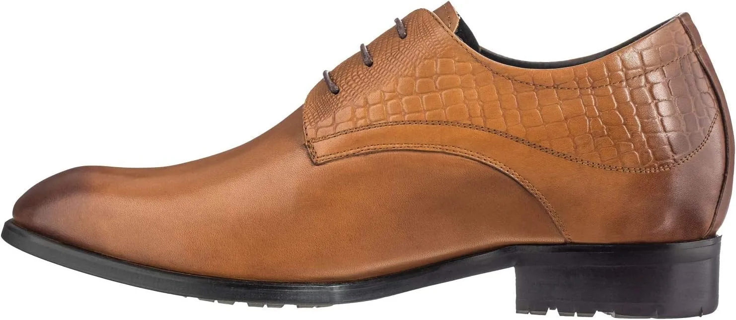 CALTO Height Increasing Elevator Shoes 3 Inches Taller - Light Tan Leather Dress Shoes - Men Invisible Elevated High Heels Oxfords A329013 - Size 6 D(M) US