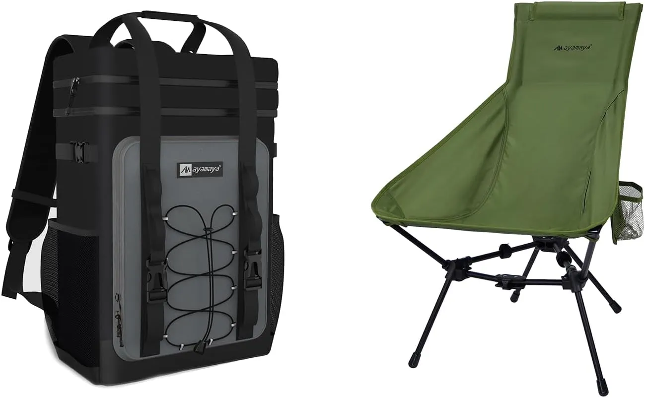 Camping Chair   Backpack Cooler, Black 40 Cans Leakproof Cooler Backpack, Ultralight High Back Folding Chairs for Camping Beach Picnic BBQ