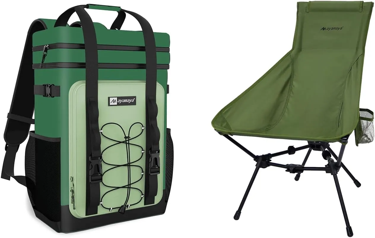 Camping Chair   Backpack Cooler, Green 40 Cans Leakproof Cooler Backpack, Ultralight High Back Folding Chairs for Camping Beach Picnic BBQ