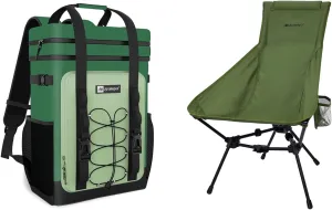 Camping Chair   Backpack Cooler, Green 40 Cans Leakproof Cooler Backpack, Ultralight High Back Folding Chairs for Camping Beach Picnic BBQ