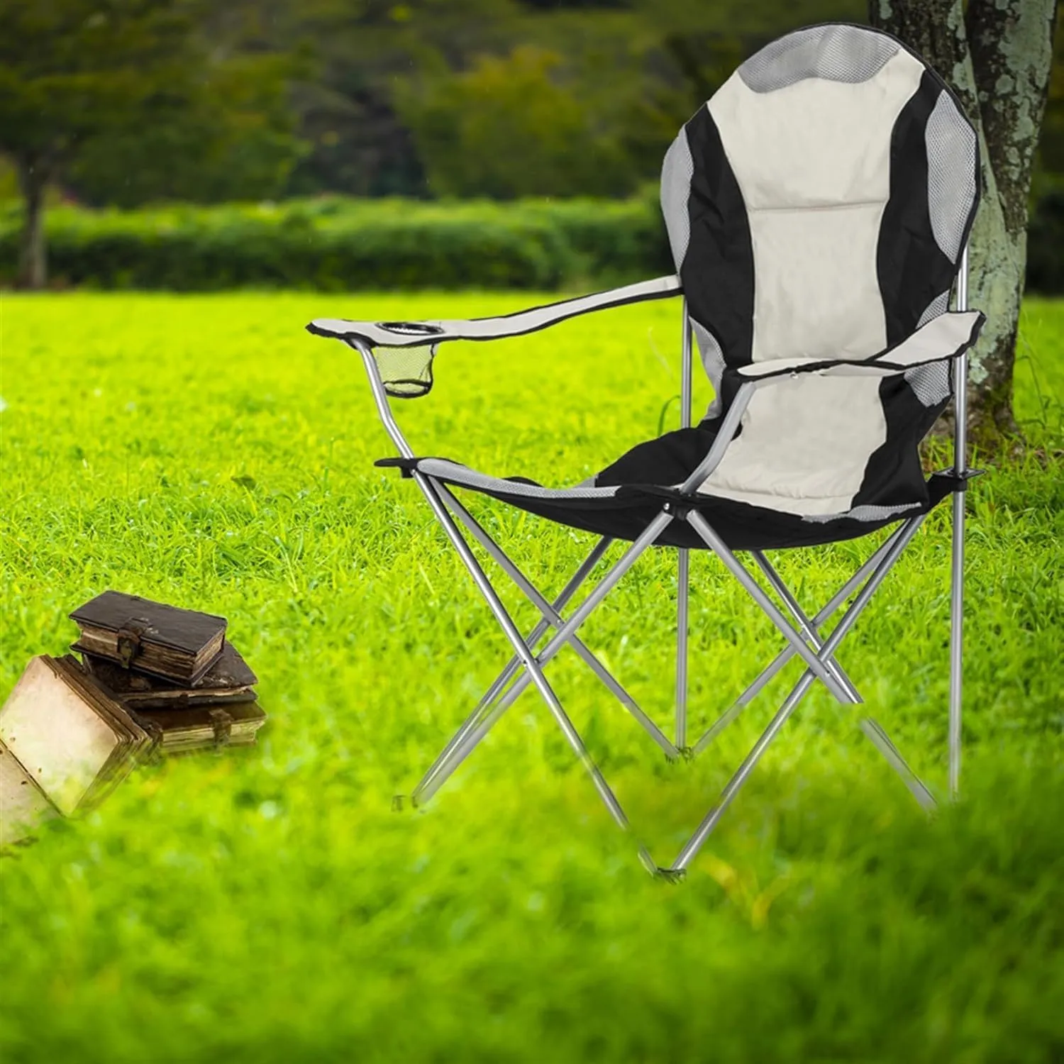 Camping Chair, Camp Chairs for Adults Heavy Duty, Fishing Chair, Folding Chairs Camping, Lawn Arm Chair with Cup Holder, Supports 330lbs, Oxford Cloth Portable Small Outdoor Chairs,Black Gray