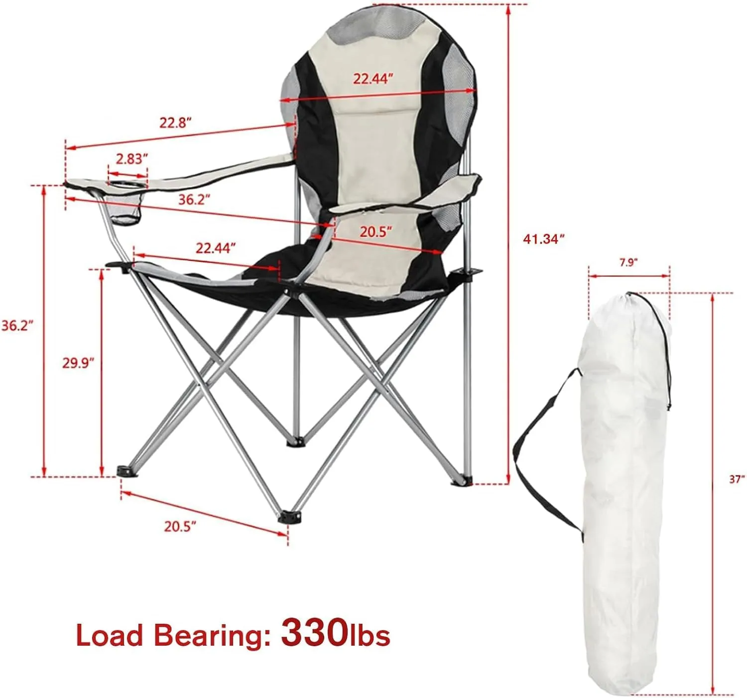 Camping Chair, Camp Chairs for Adults Heavy Duty, Fishing Chair, Folding Chairs Camping, Lawn Arm Chair with Cup Holder, Supports 330lbs, Oxford Cloth Portable Small Outdoor Chairs,Black Gray