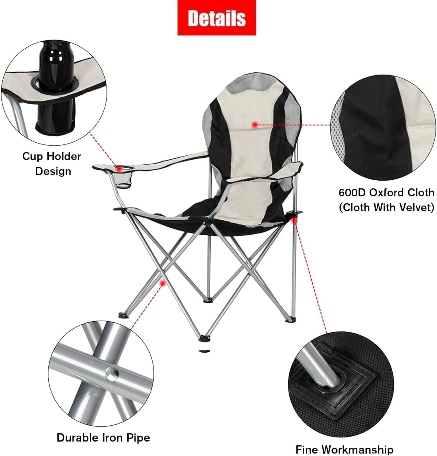 Camping Chair, Camp Chairs for Adults Heavy Duty, Fishing Chair, Folding Chairs Camping, Lawn Arm Chair with Cup Holder, Supports 330lbs, Oxford Cloth Portable Small Outdoor Chairs,Black Gray
