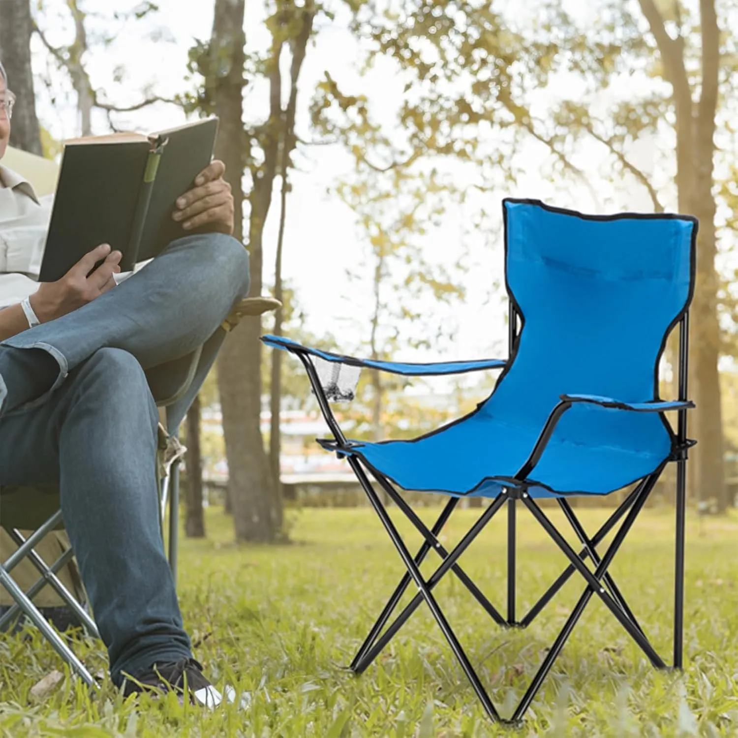 Camping Chair with Cup Holder,Blue Folding Chairs for Outside,Oxford Cloth Beach Chair,Heavy Folding Chair for Adult Collapsible Chair for Camping, Tailgates, Beach, and Sports