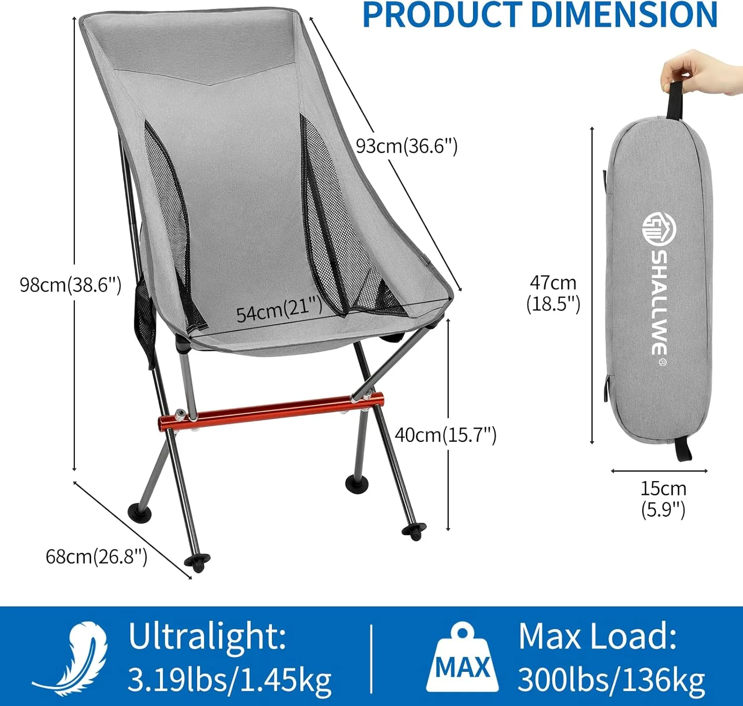 Camping Chairs, All Aluminum Frame Portable Folding Camp Chair for Adults, Heavy Duty High Back Collapsible with Built-in Pillow, Side Pocket, Carry Bag for Backpacking, Hiking, Beach