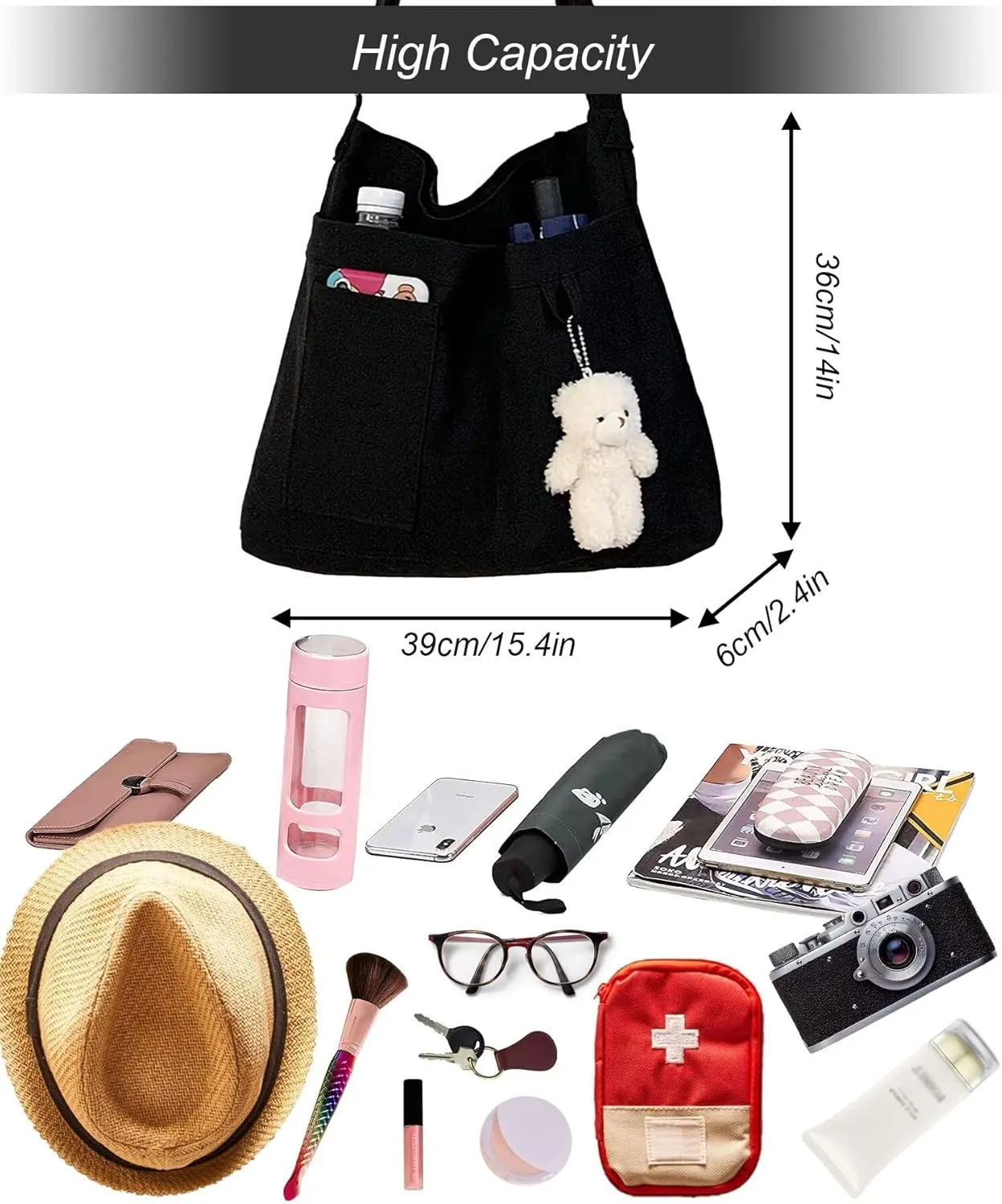 Canvas Cute Tote Bag with Zipper, Reusable Women's Crossbody Shoulder Bag Handbag for Shopping Work Gym