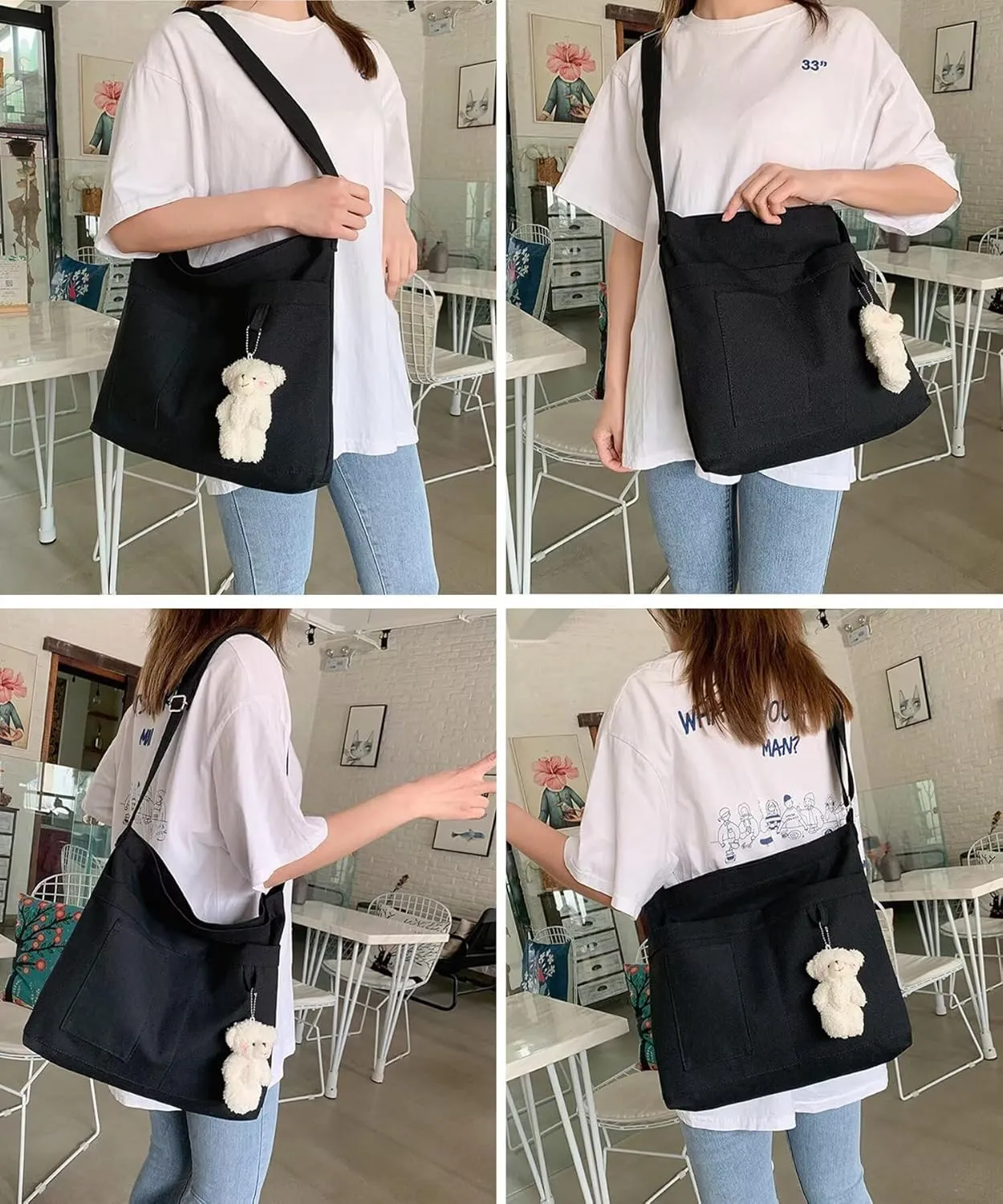 Canvas Cute Tote Bag with Zipper, Reusable Women's Crossbody Shoulder Bag Handbag for Shopping Work Gym